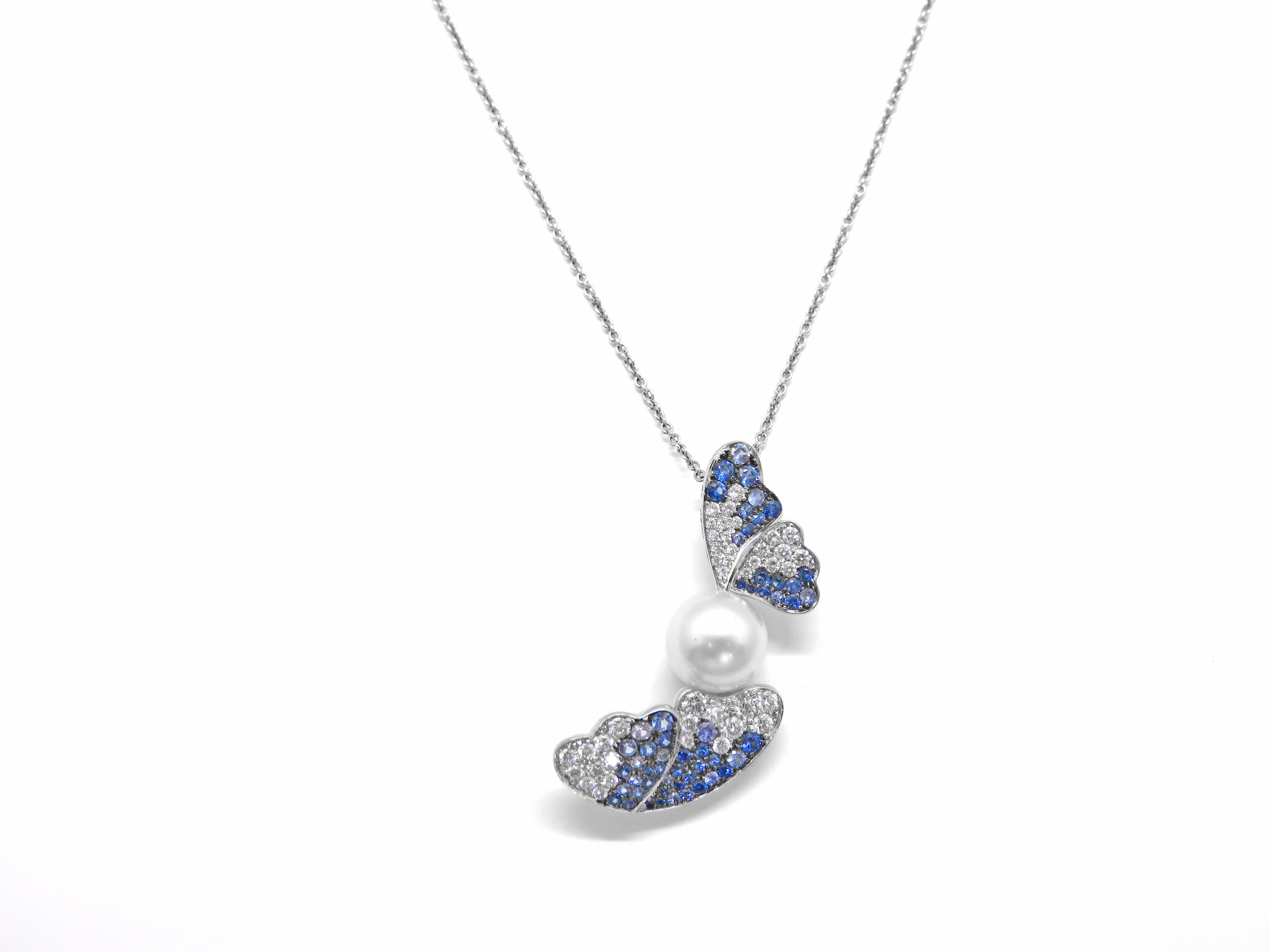 18K White Gold Pearl, Diamond & Blue Sapphire Butterfly Necklace