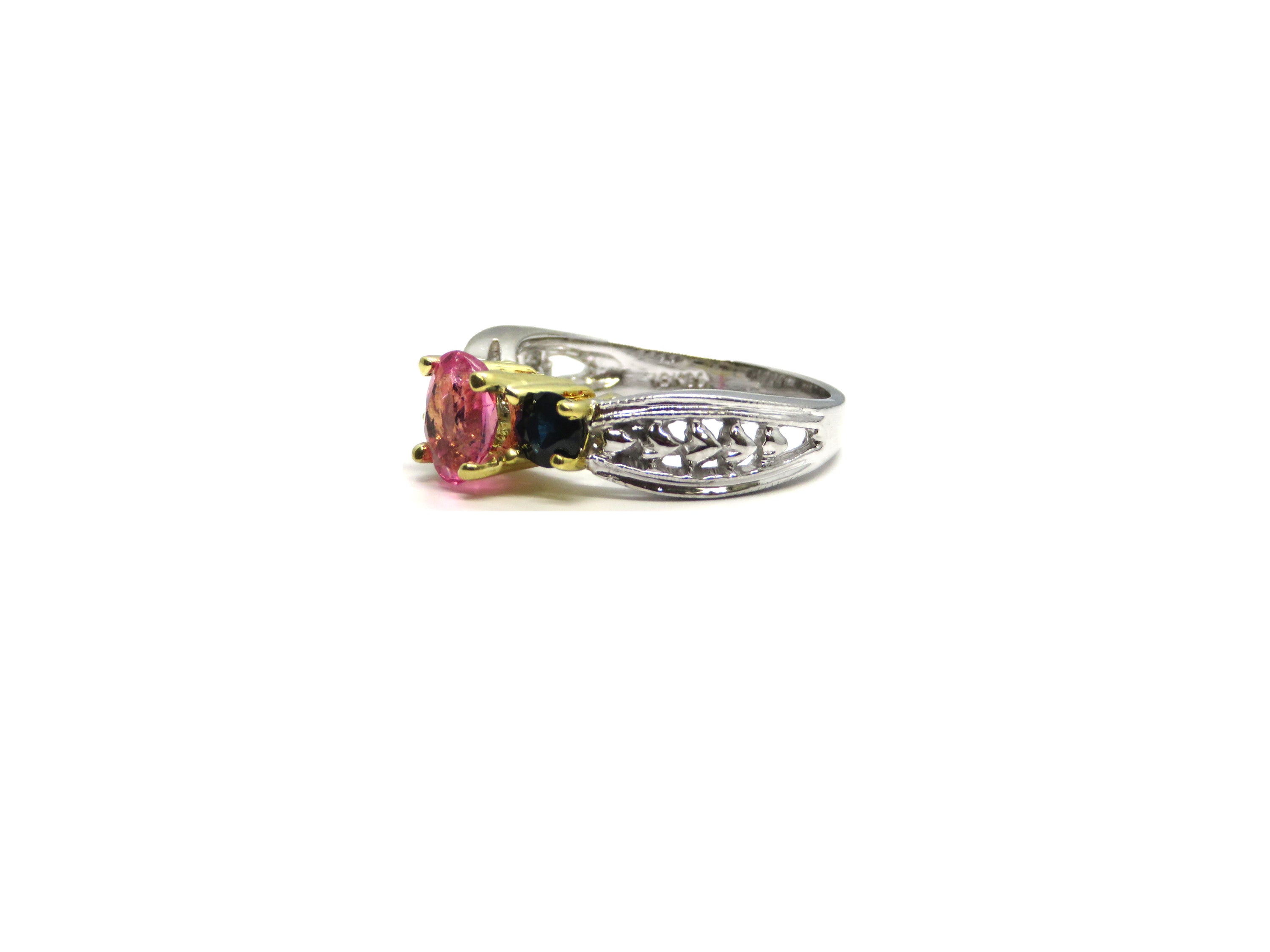 18kt Two Tone Gold Pink Tourmaline and Blue Sapphire Ring