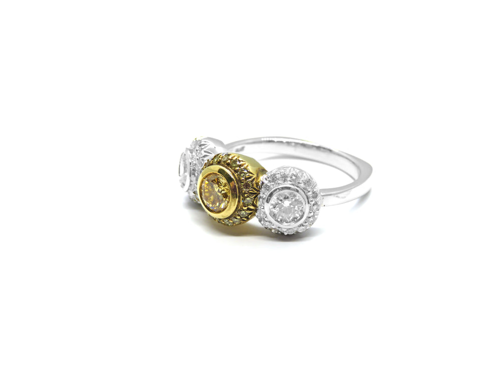 Platinum & 18K Yellow Gold Three-Stone Diamond Halo Ring