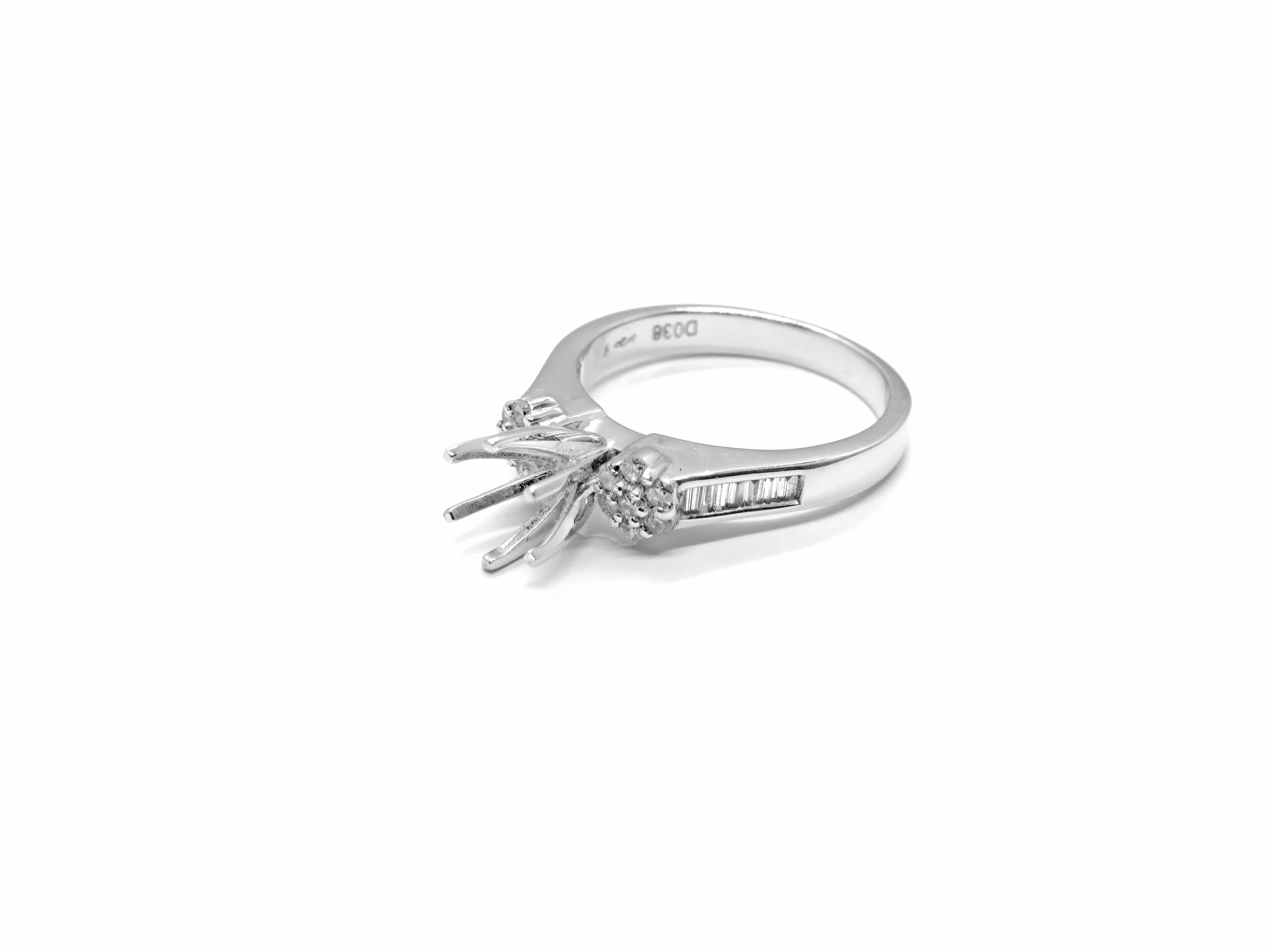 18K White Gold Baguette & Round Diamond Engagement Ring Setting