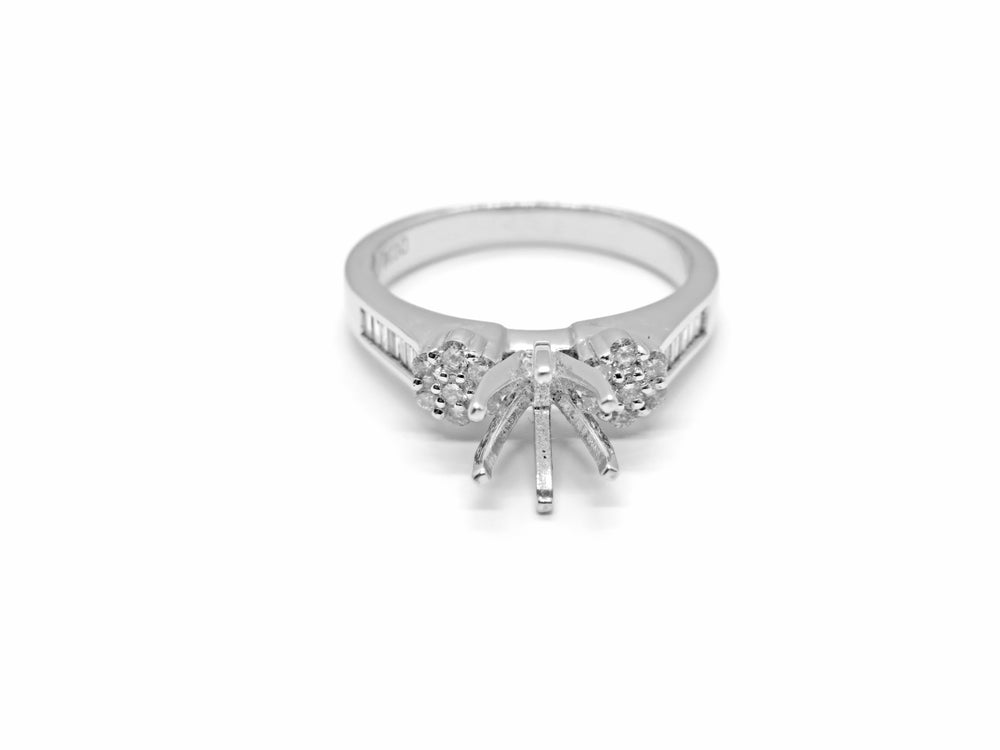 18K White Gold Baguette & Round Diamond Engagement Ring Setting