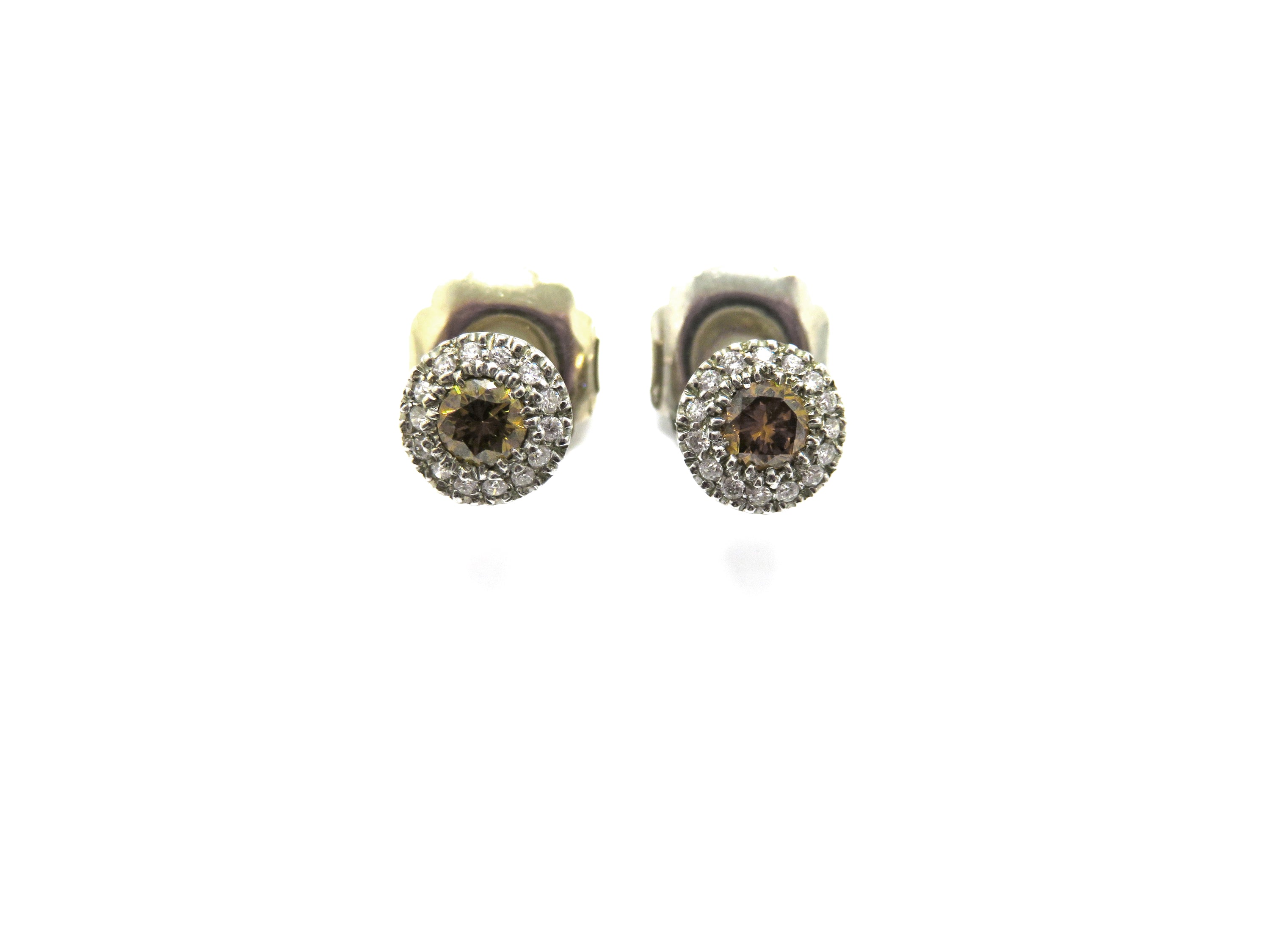 14K White Gold Brown Diamond Halo Stud Earrings