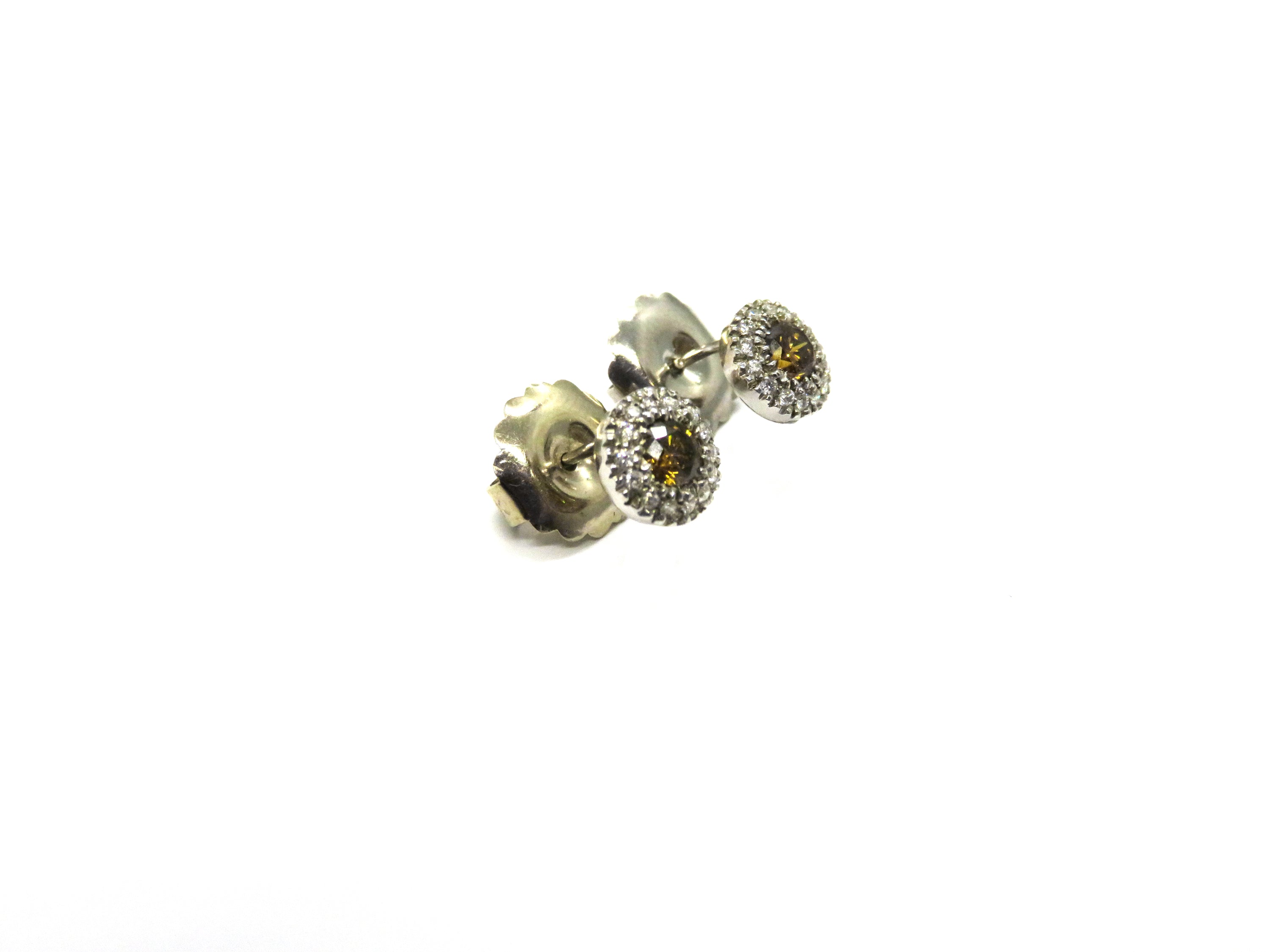 14K White Gold Brown Diamond Halo Stud Earrings