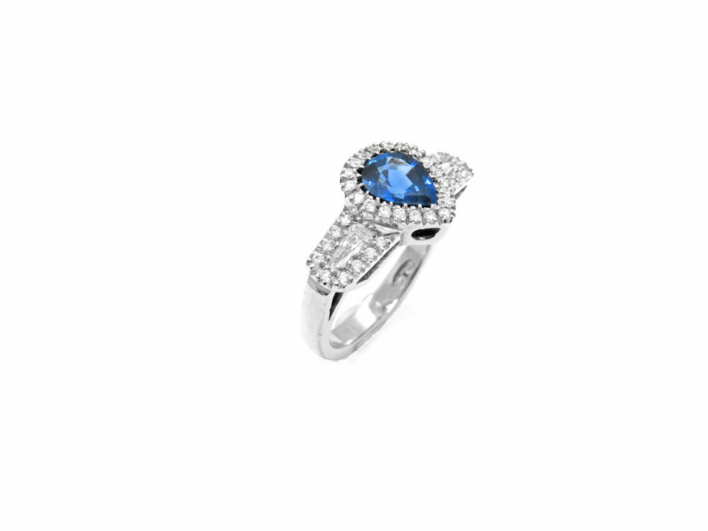 14K White Gold Pear Shape Sapphire & Diamond Halo Ring