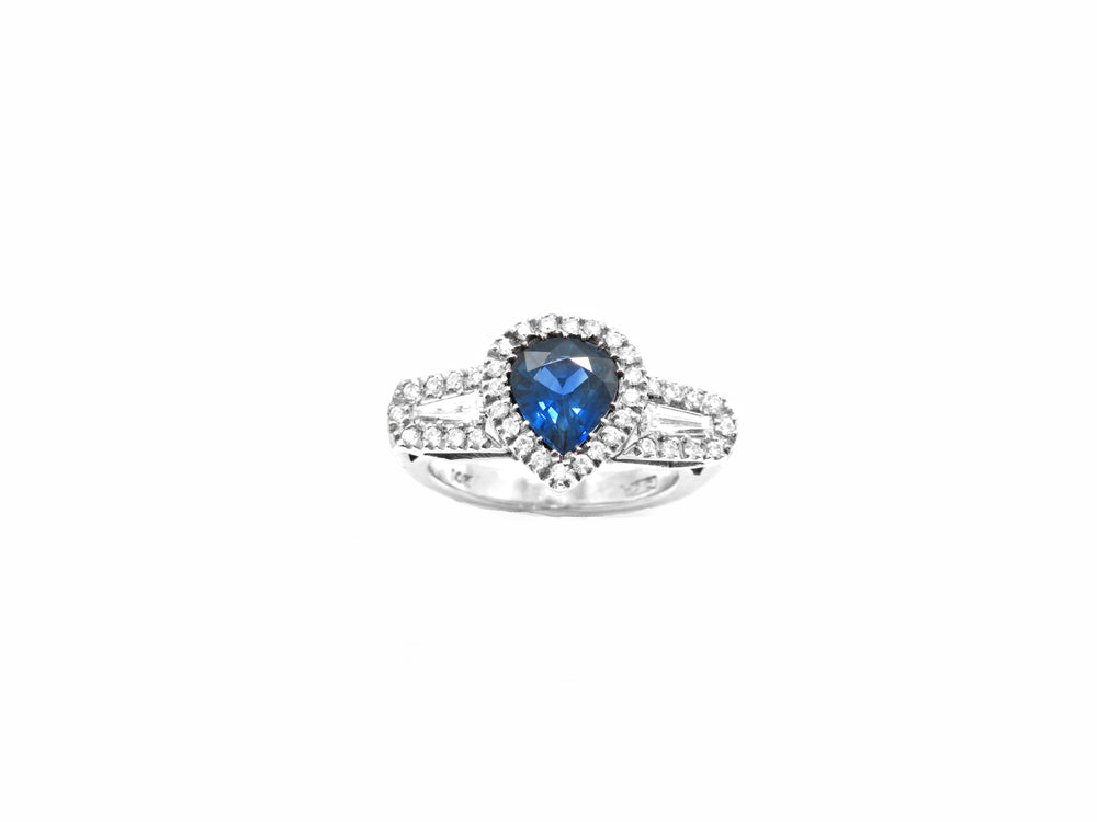 14K White Gold Pear Shape Sapphire & Diamond Halo Ring