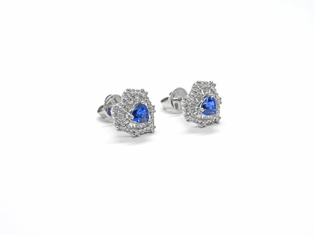 18K White Gold Blue Sapphire & Diamond Heart Earrings