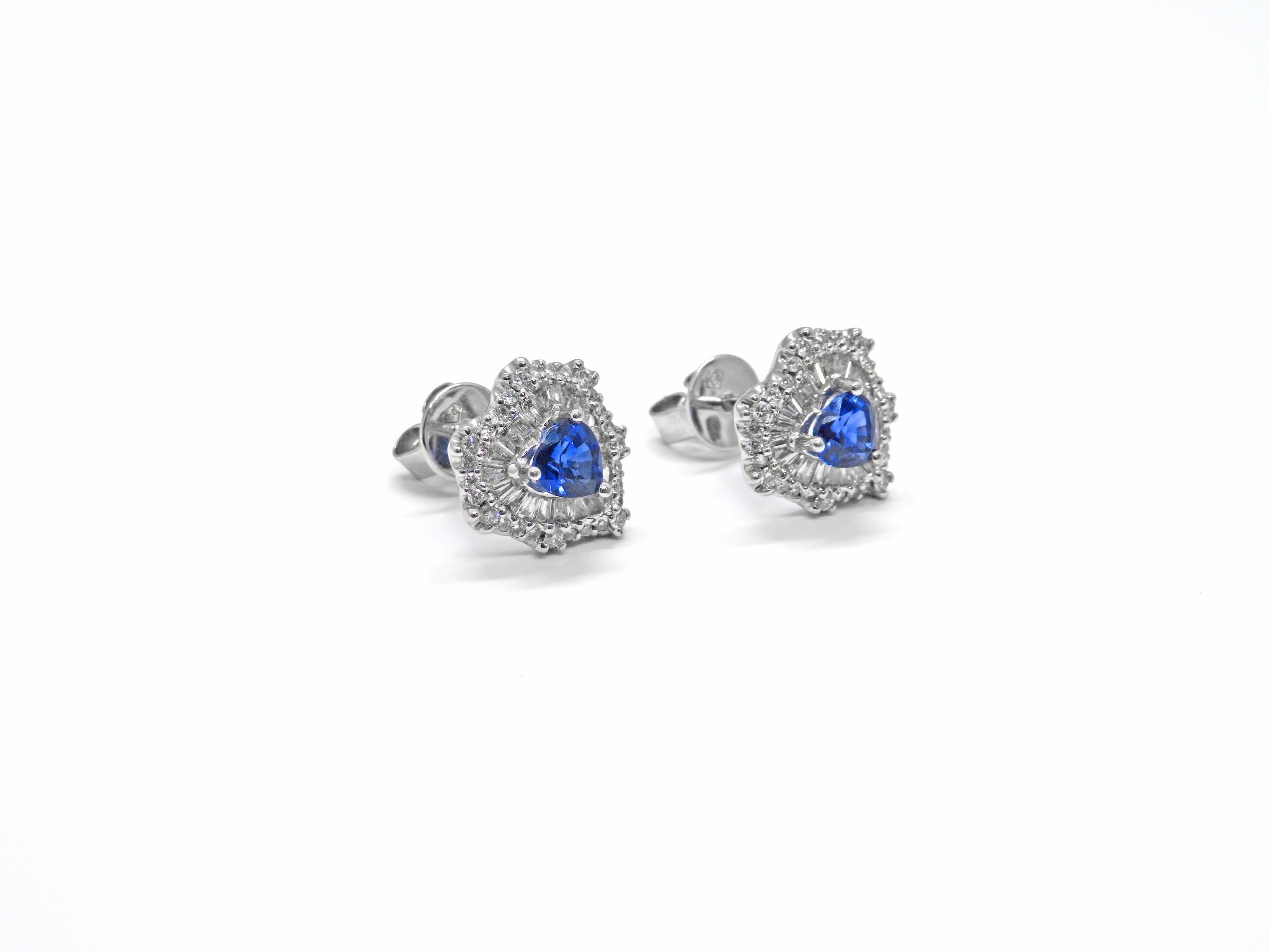 18K White Gold Blue Sapphire & Diamond Heart Earrings