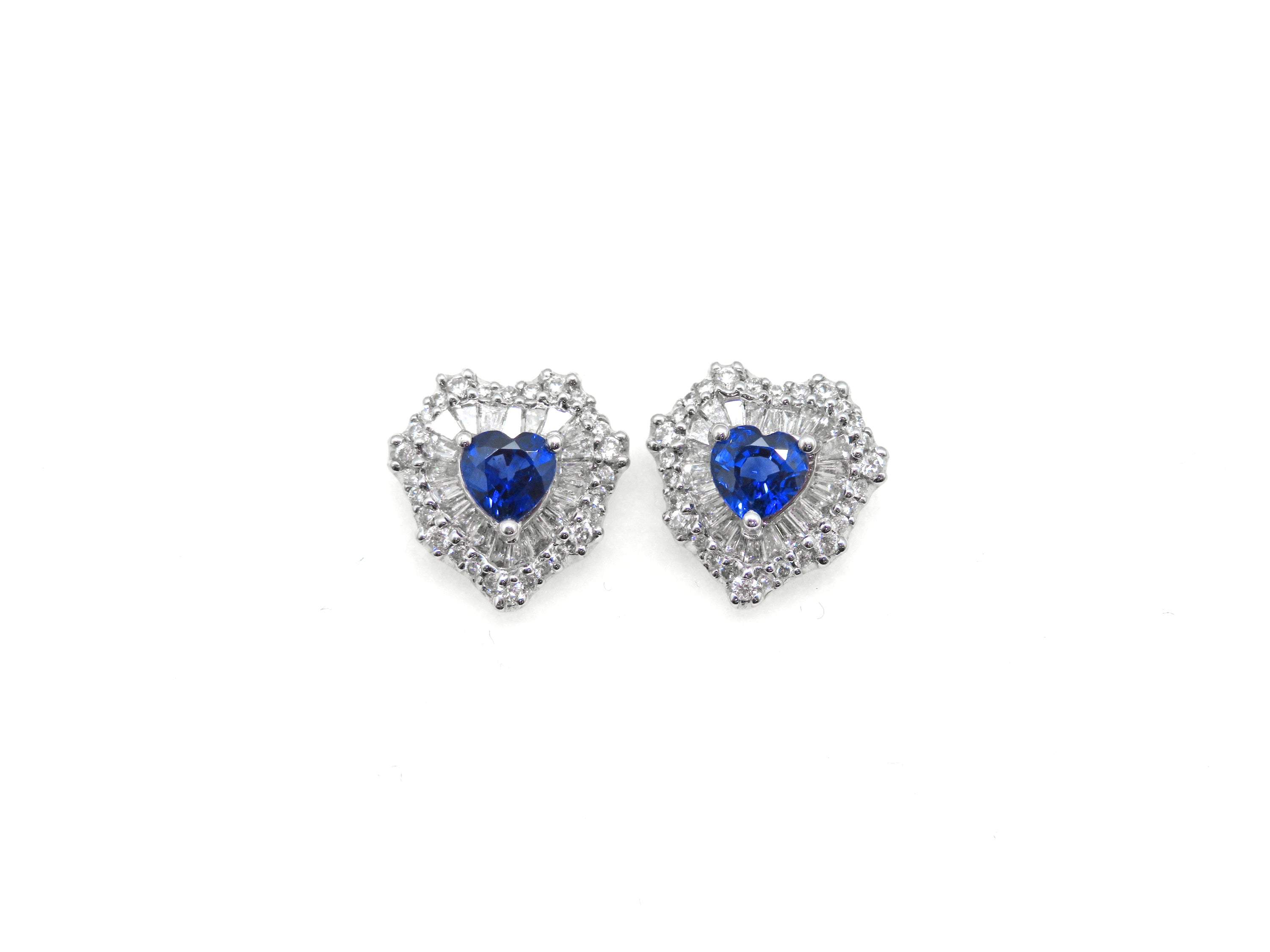 18K White Gold Blue Sapphire & Diamond Heart Earrings