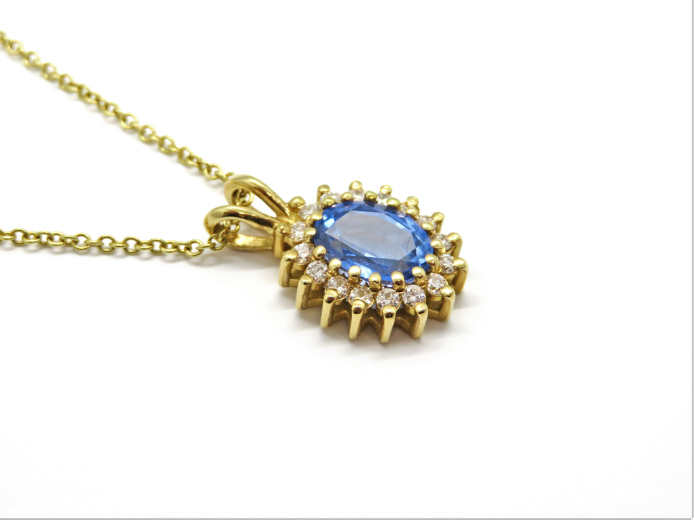 18K Yellow Gold Blue Sapphire & Diamond Halo Pendant Necklace
