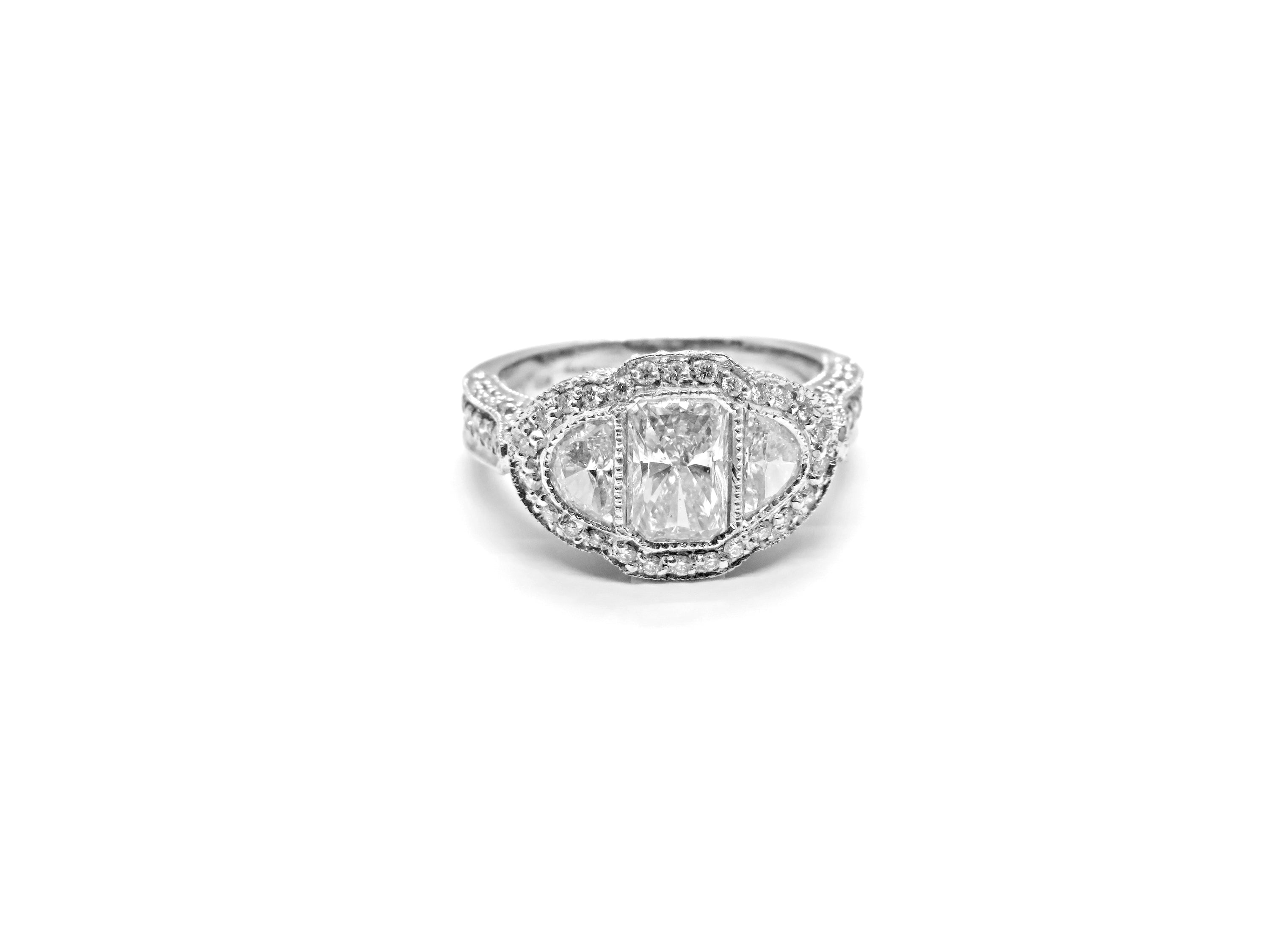 Platinum Three Stone Micropave Diamond Engagement Ring