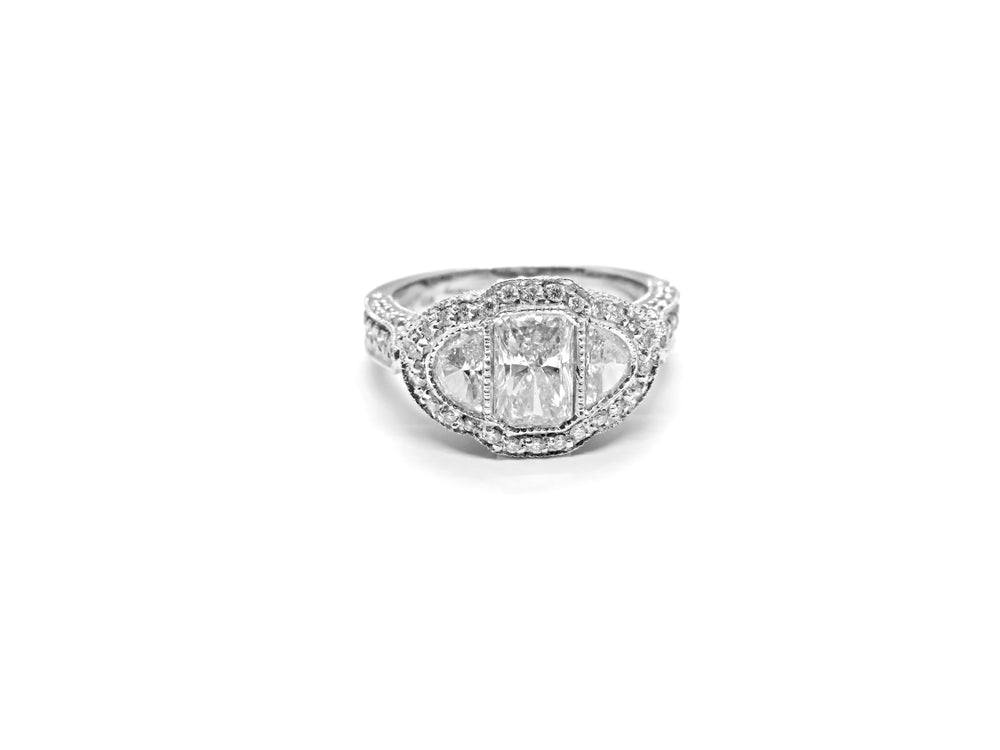 Platinum Three Stone Micropave Diamond Engagement Ring
