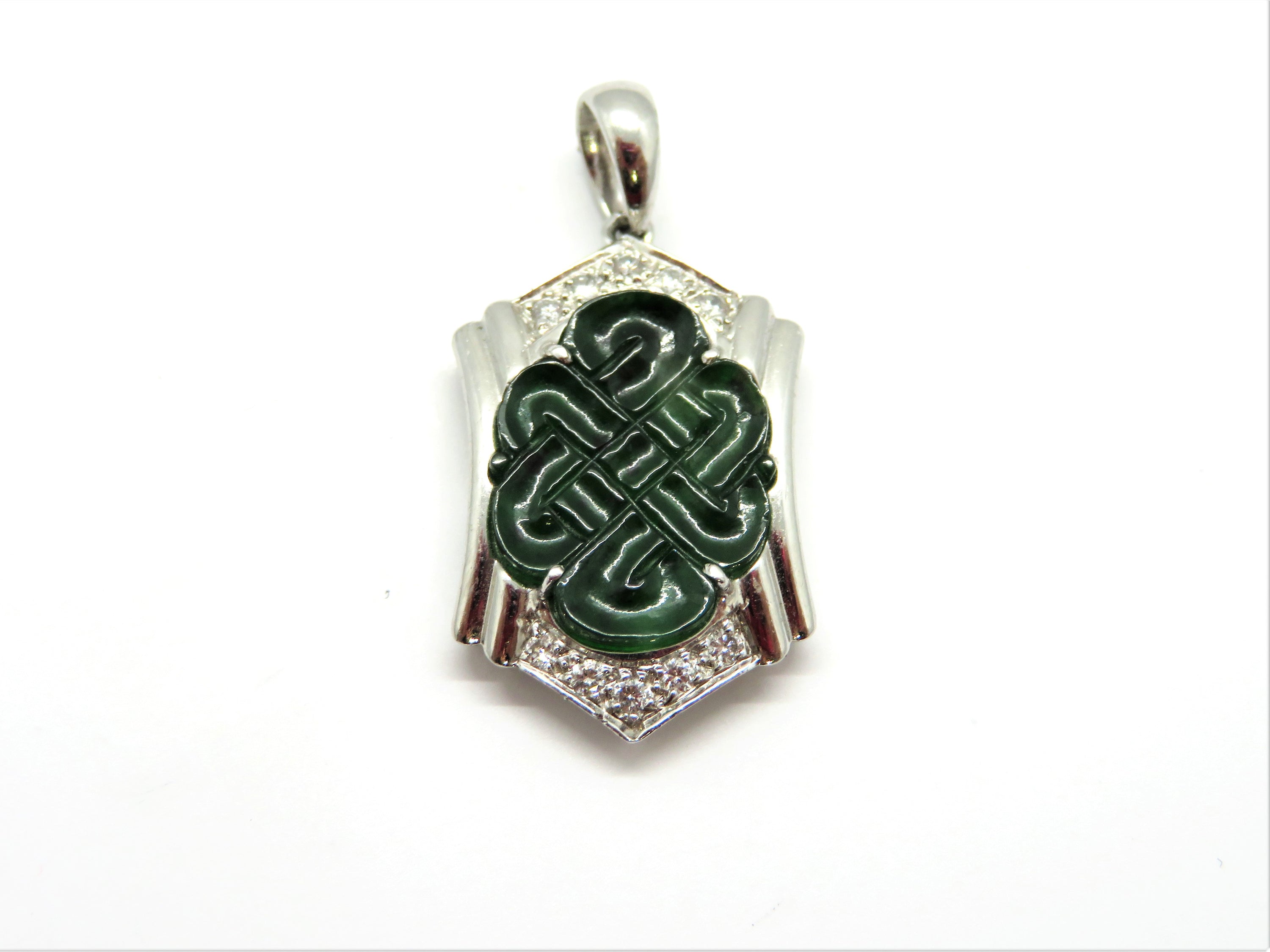 Platinum Diamond and Carved Jade Celtic Knot Style Pendant