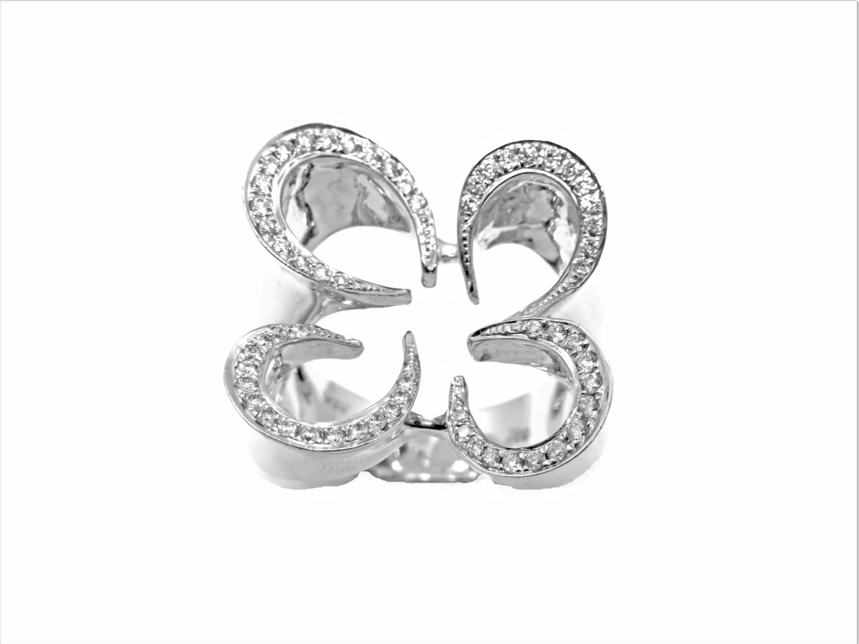 18K White Gold Diamond Open Clover Ring