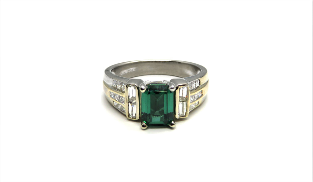 18kt Two Tone Gold Diamond and Green Tourmaline Ring