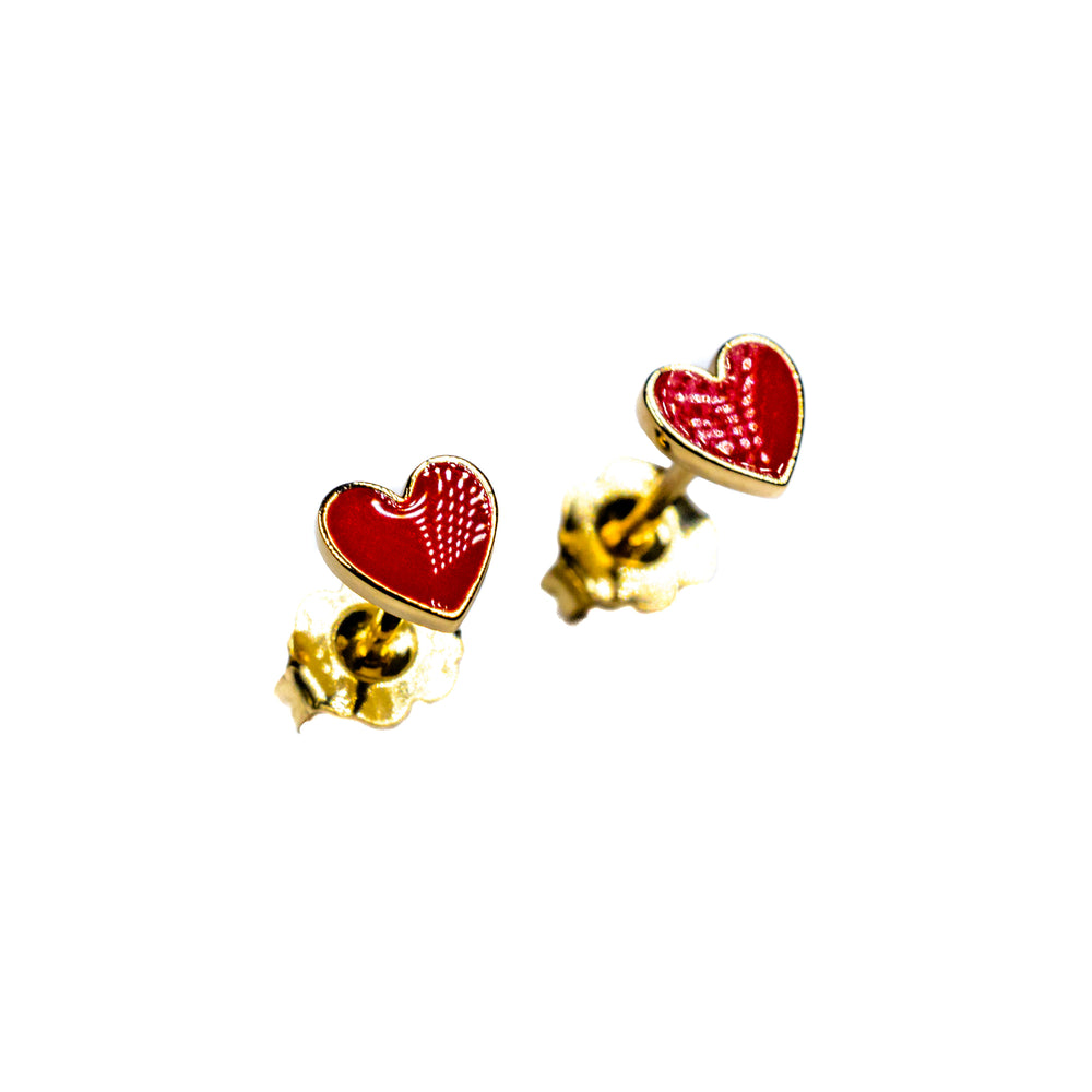 14K Yellow Gold Red Enamel Heart Stud Earrings