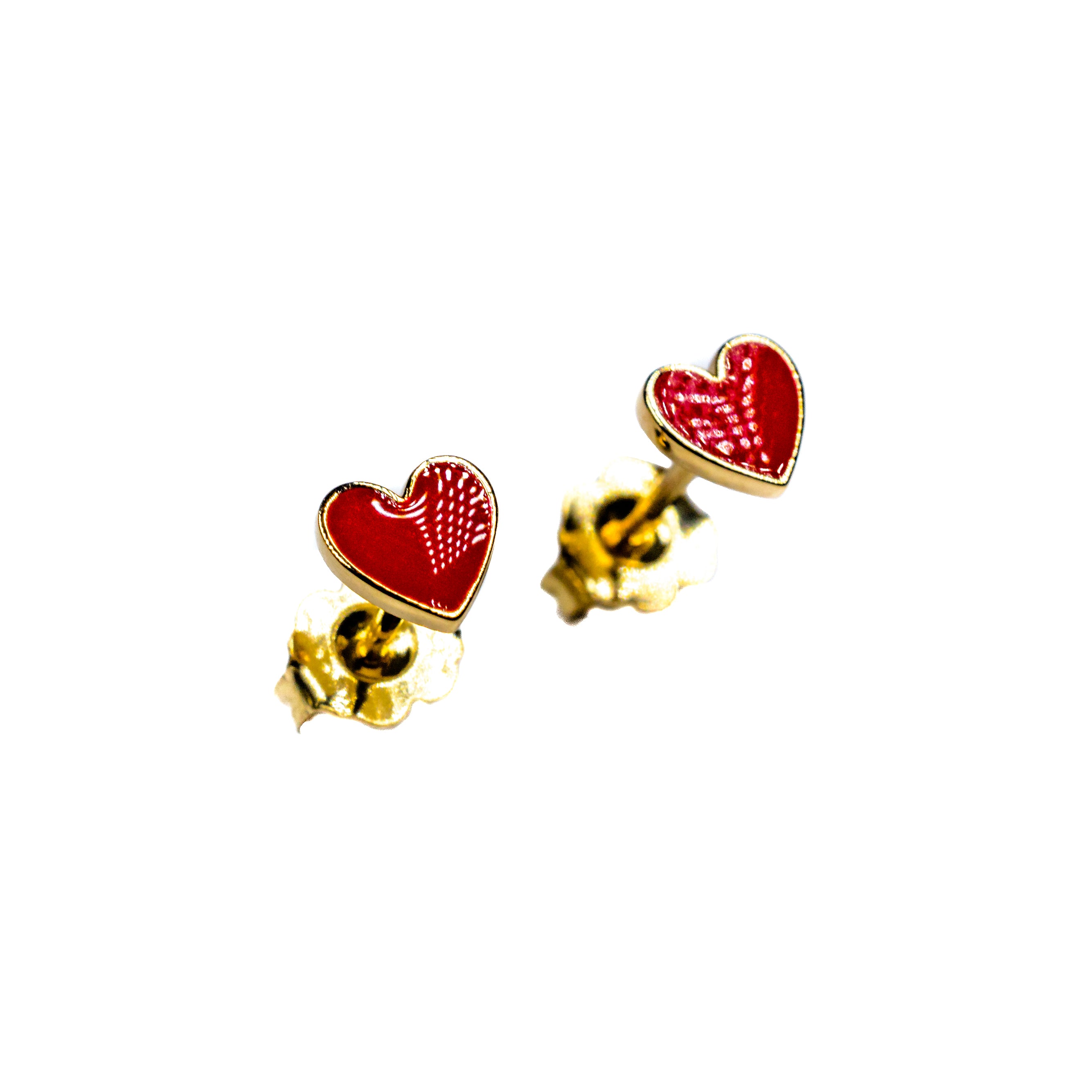 14K Yellow Gold Red Enamel Heart Stud Earrings