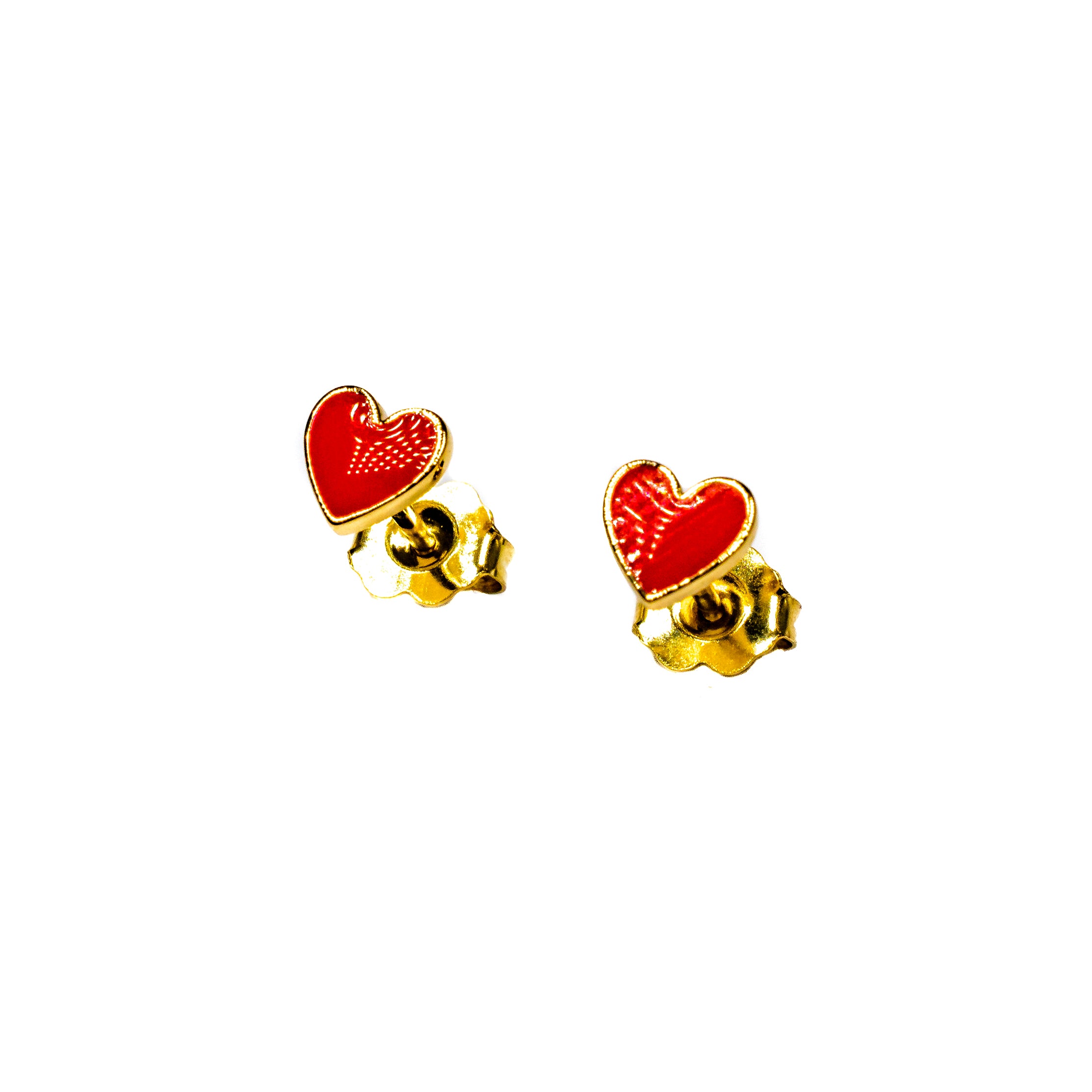 14K Yellow Gold Red Enamel Heart Stud Earrings