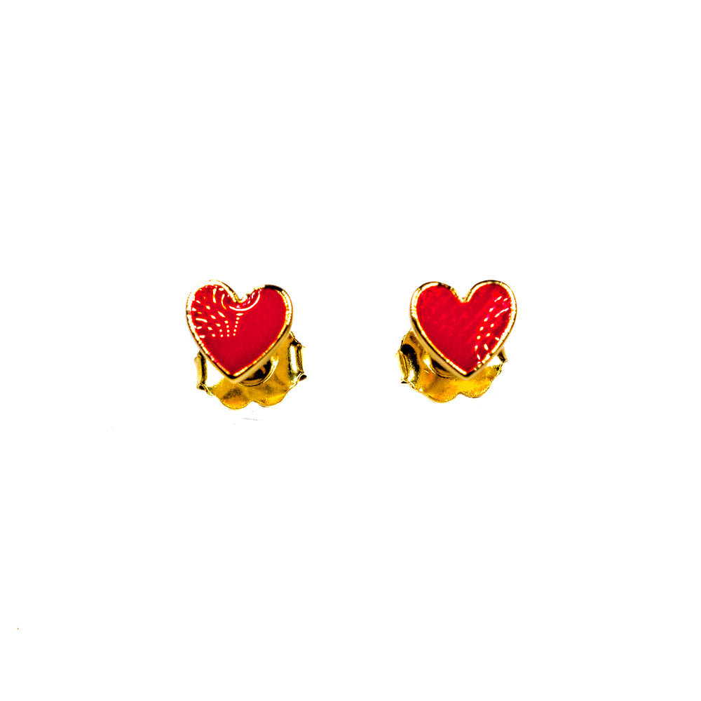 14K Yellow Gold Red Enamel Heart Stud Earrings