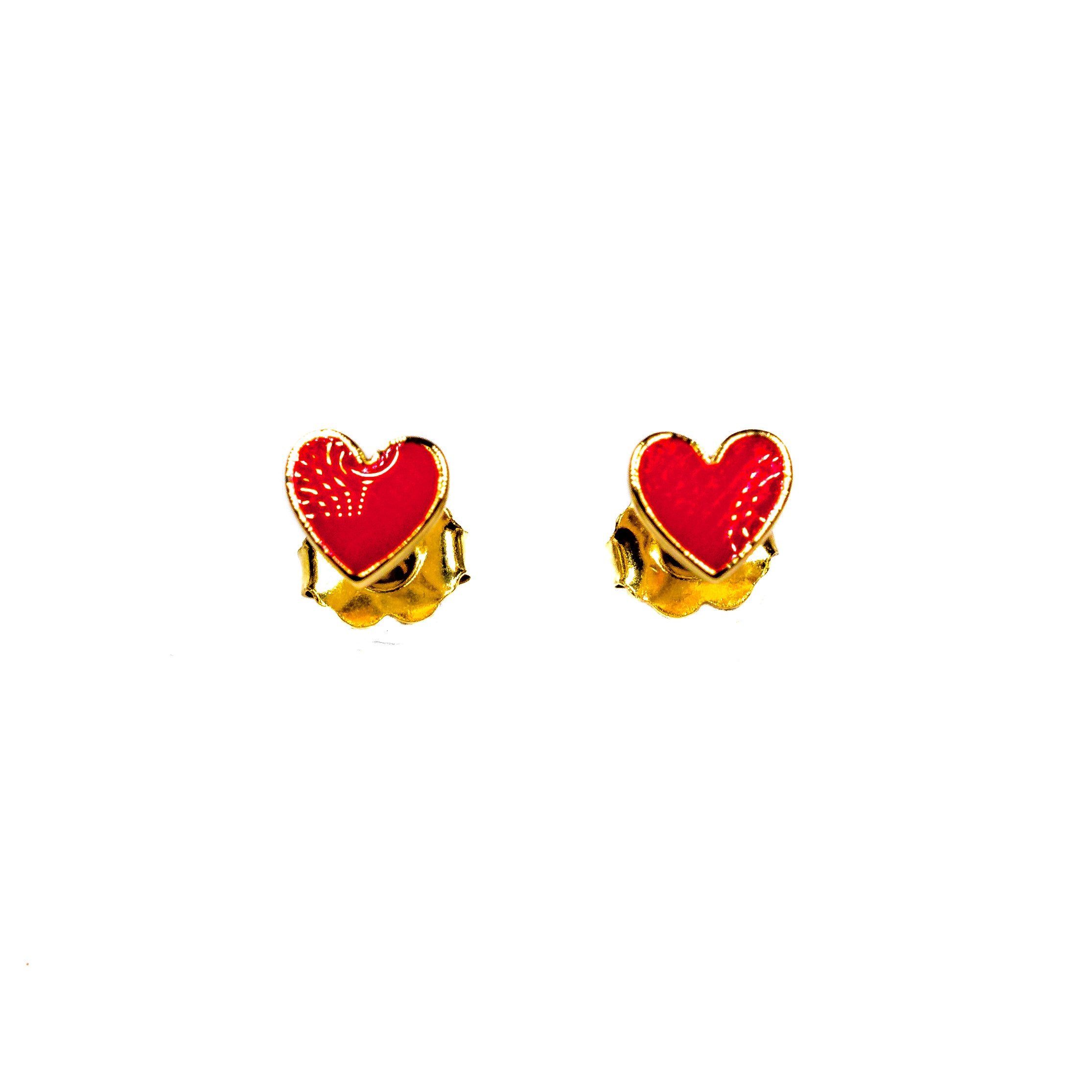 14K Yellow Gold Red Enamel Heart Stud Earrings