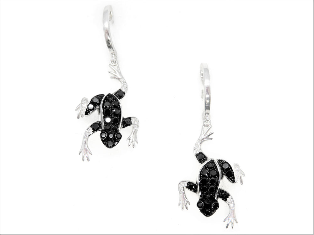 14K White Gold Black & White Diamond Frog Dangle Earrings