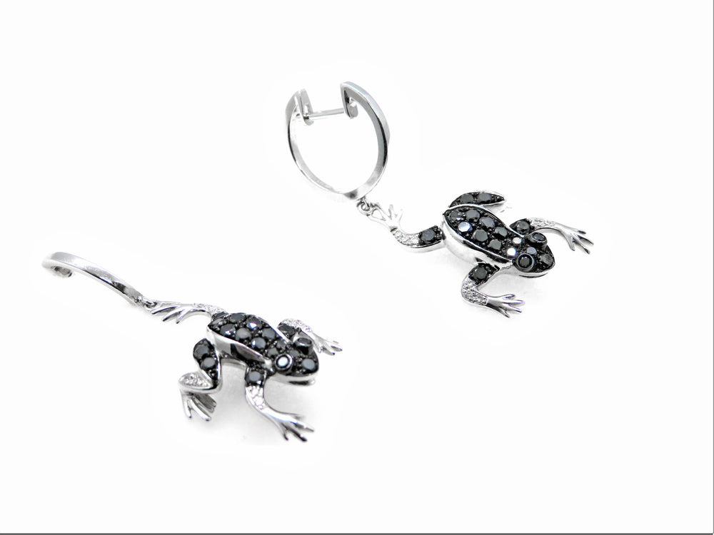 14K White Gold Black & White Diamond Frog Dangle Earrings