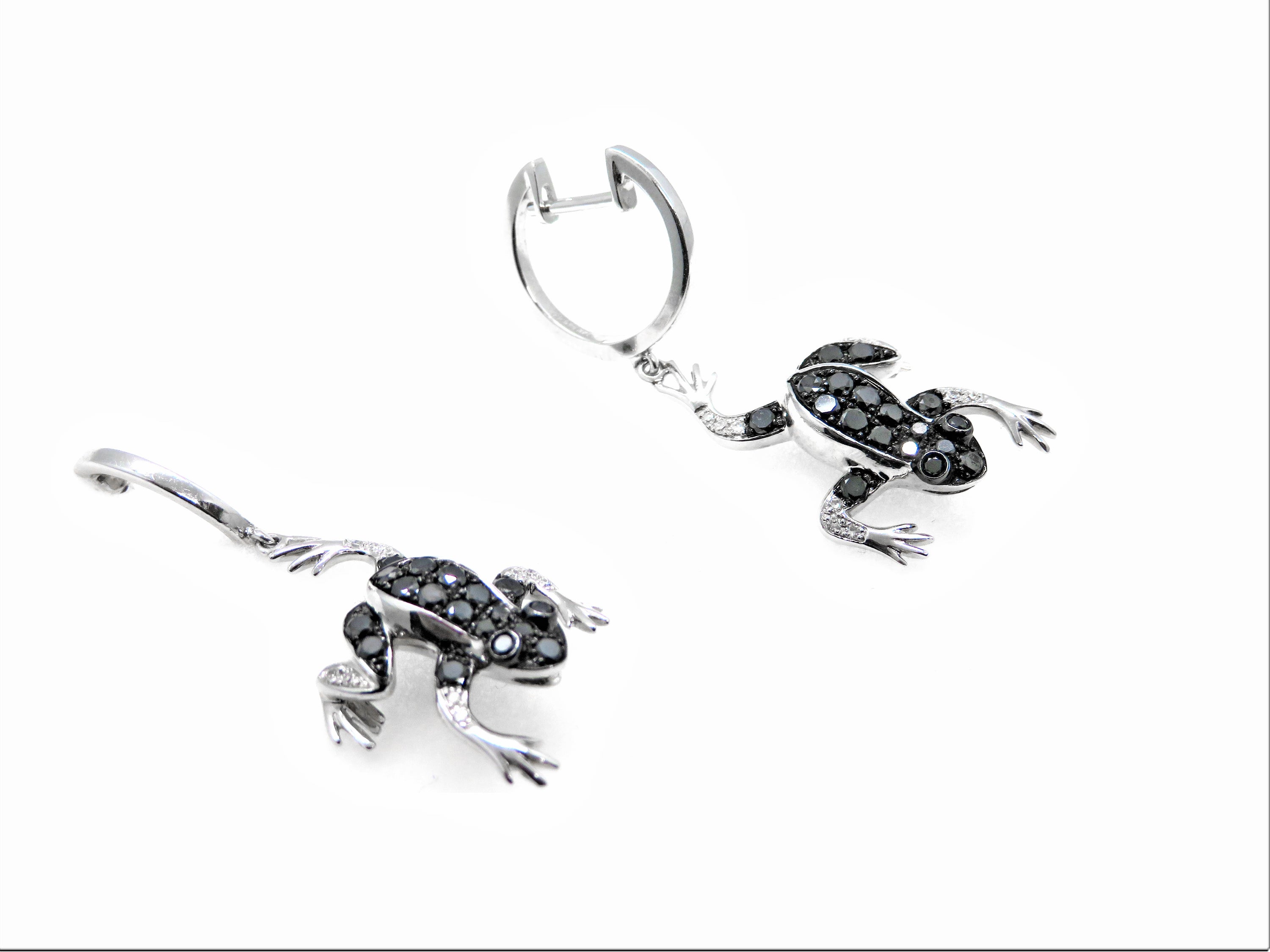 14K White Gold Black & White Diamond Frog Dangle Earrings