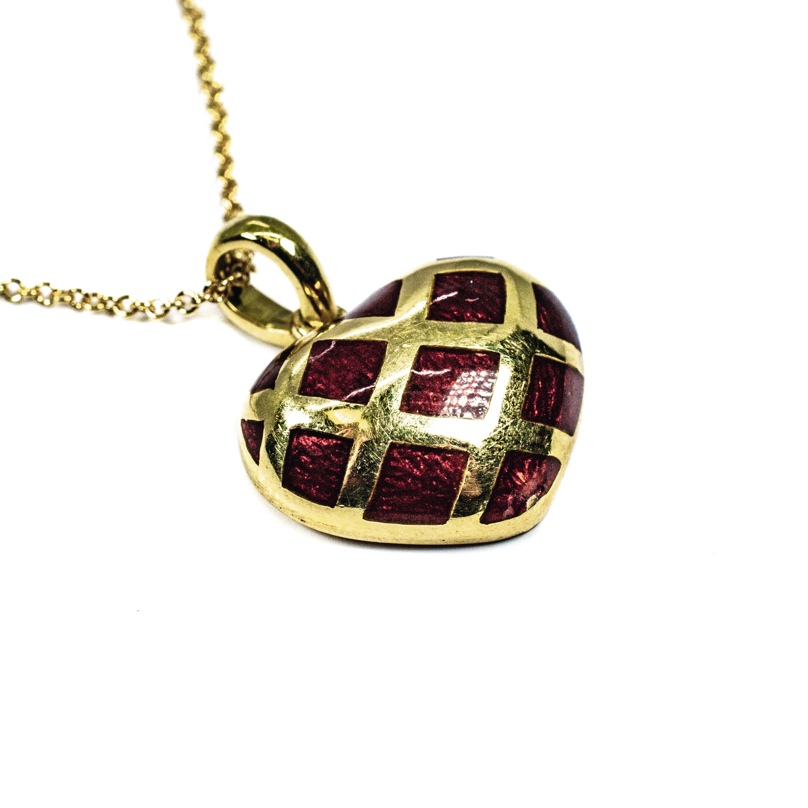 18K Yellow Gold & Red Enamel Heart Pendant Necklace