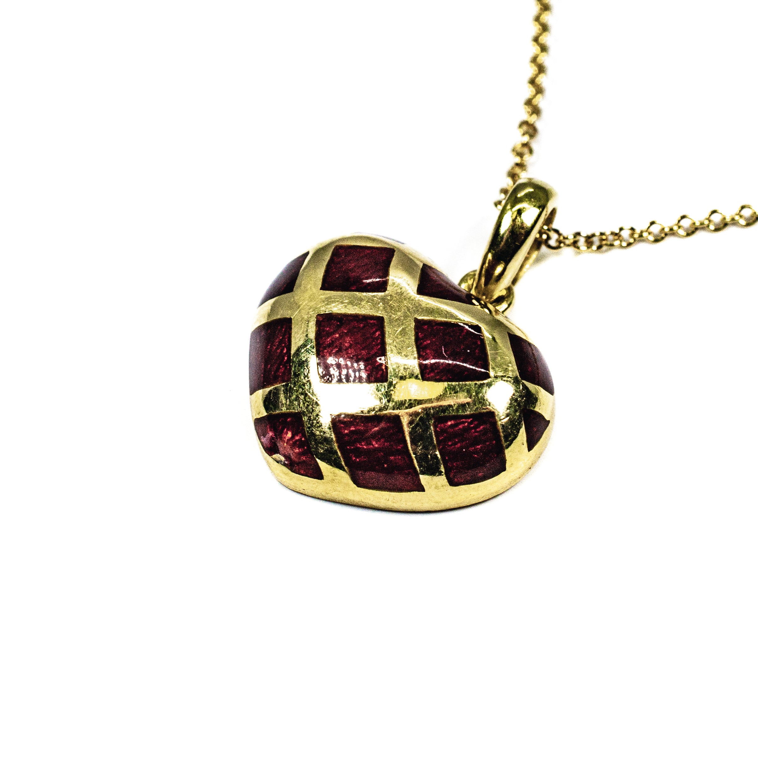 18K Yellow Gold & Red Enamel Heart Pendant Necklace