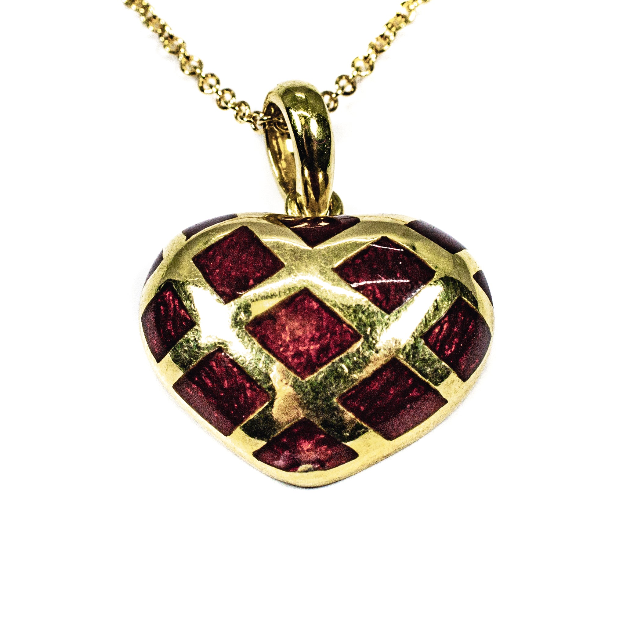 18K Yellow Gold & Red Enamel Heart Pendant Necklace