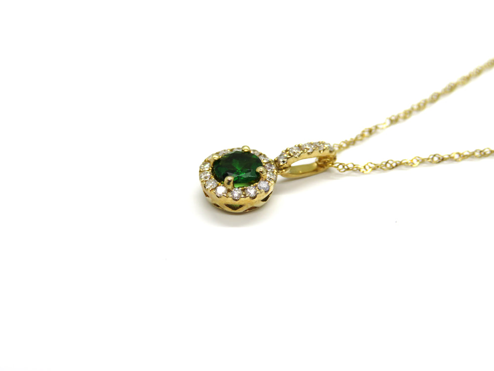 14K Yellow Gold Round Tsavorite & Diamond Halo Pendant Necklace