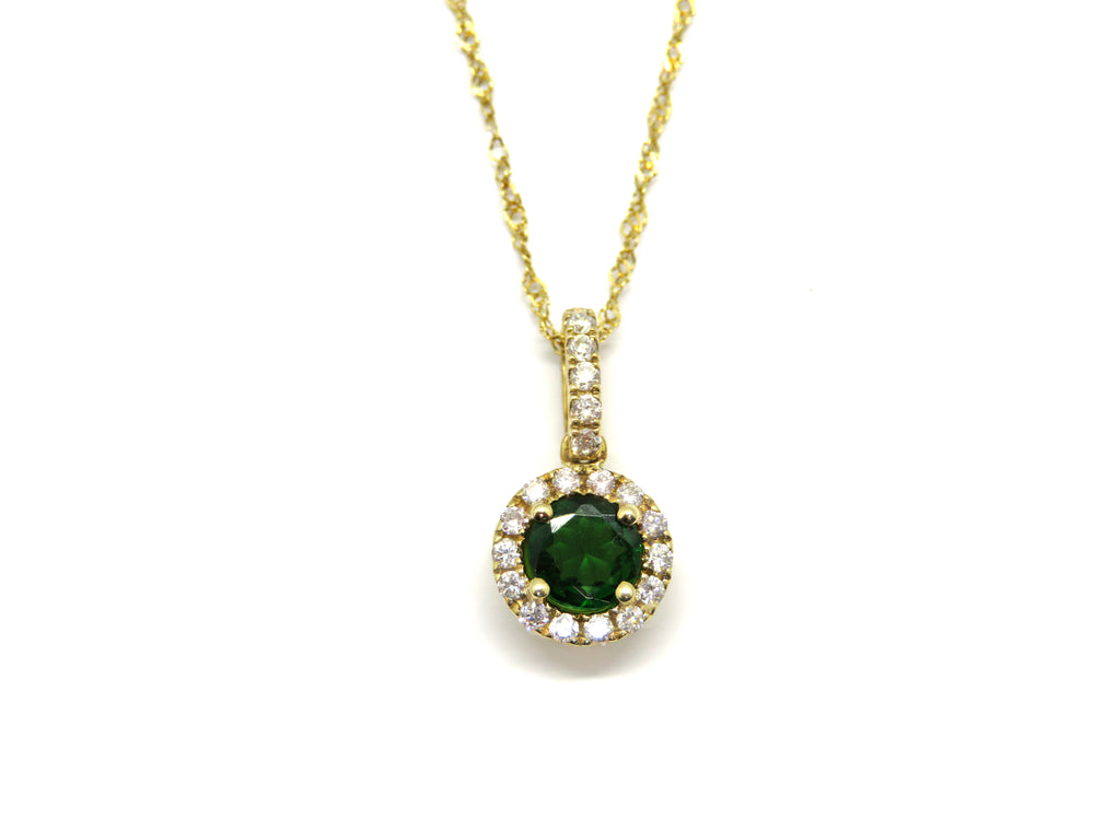 14K Yellow Gold Round Tsavorite & Diamond Halo Pendant Necklace