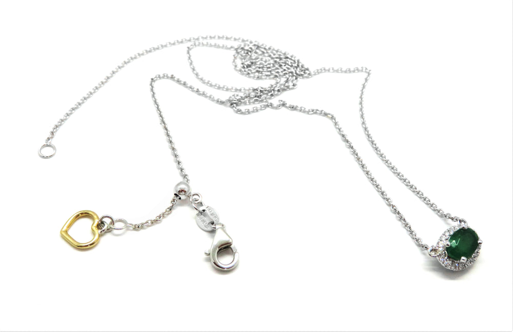 18K White Gold Emerald Diamond Halo Necklace