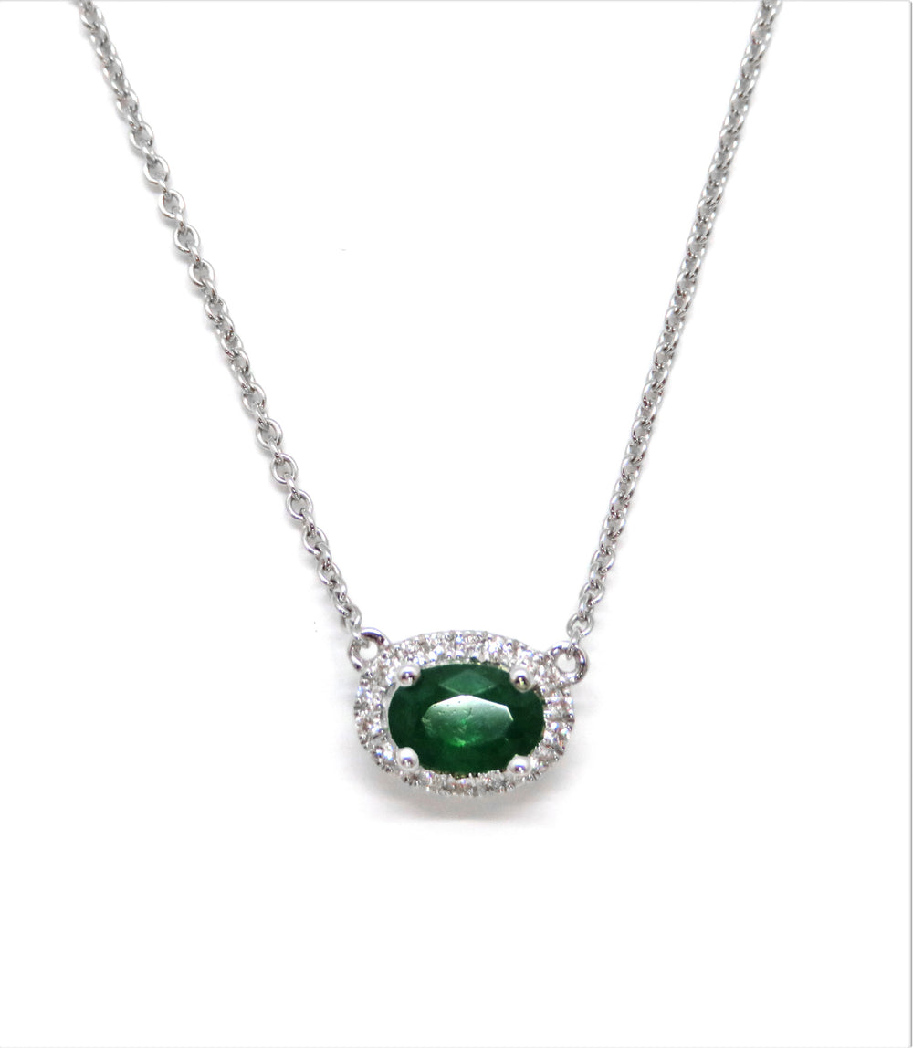 18K White Gold Emerald Diamond Halo Necklace