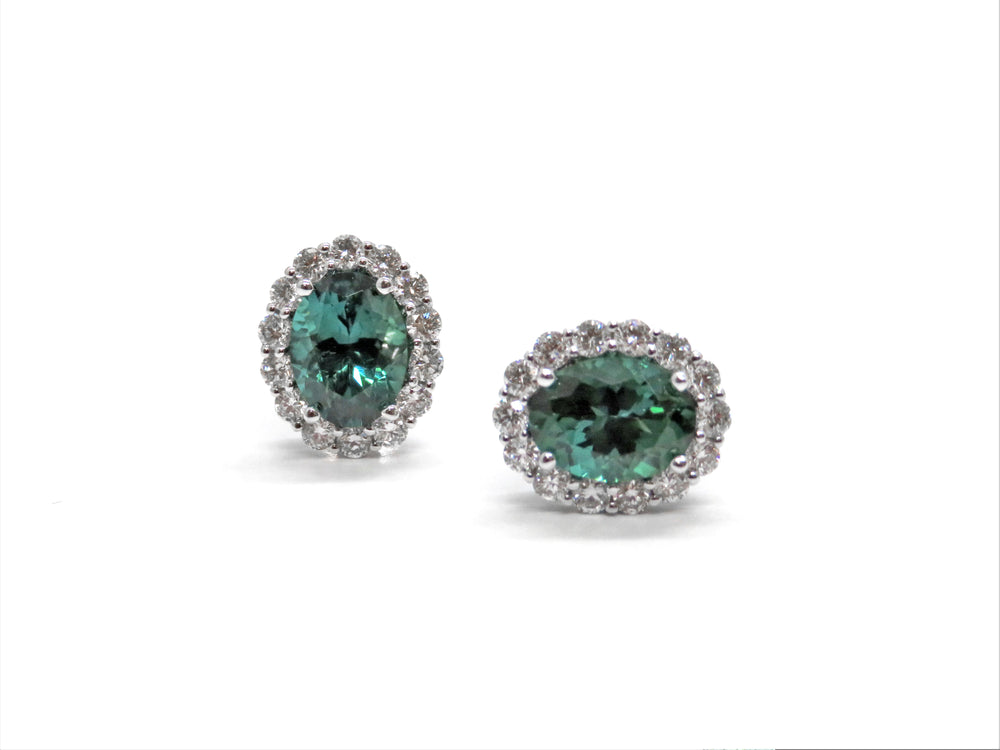 Green Tourmaline & Diamond Halo Stud Earrings in 18K White Gold