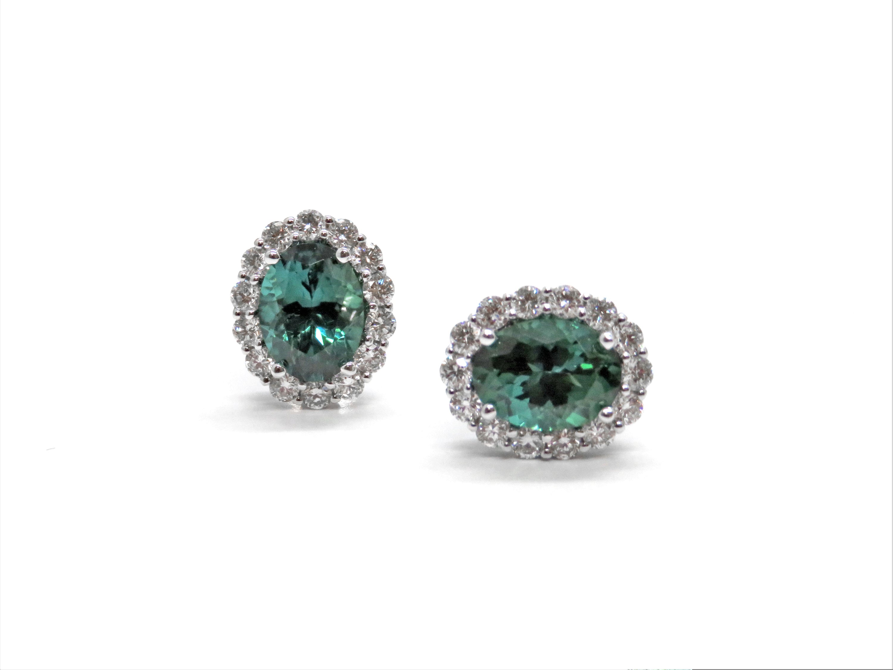 Green Tourmaline & Diamond Halo Stud Earrings in 18K White Gold