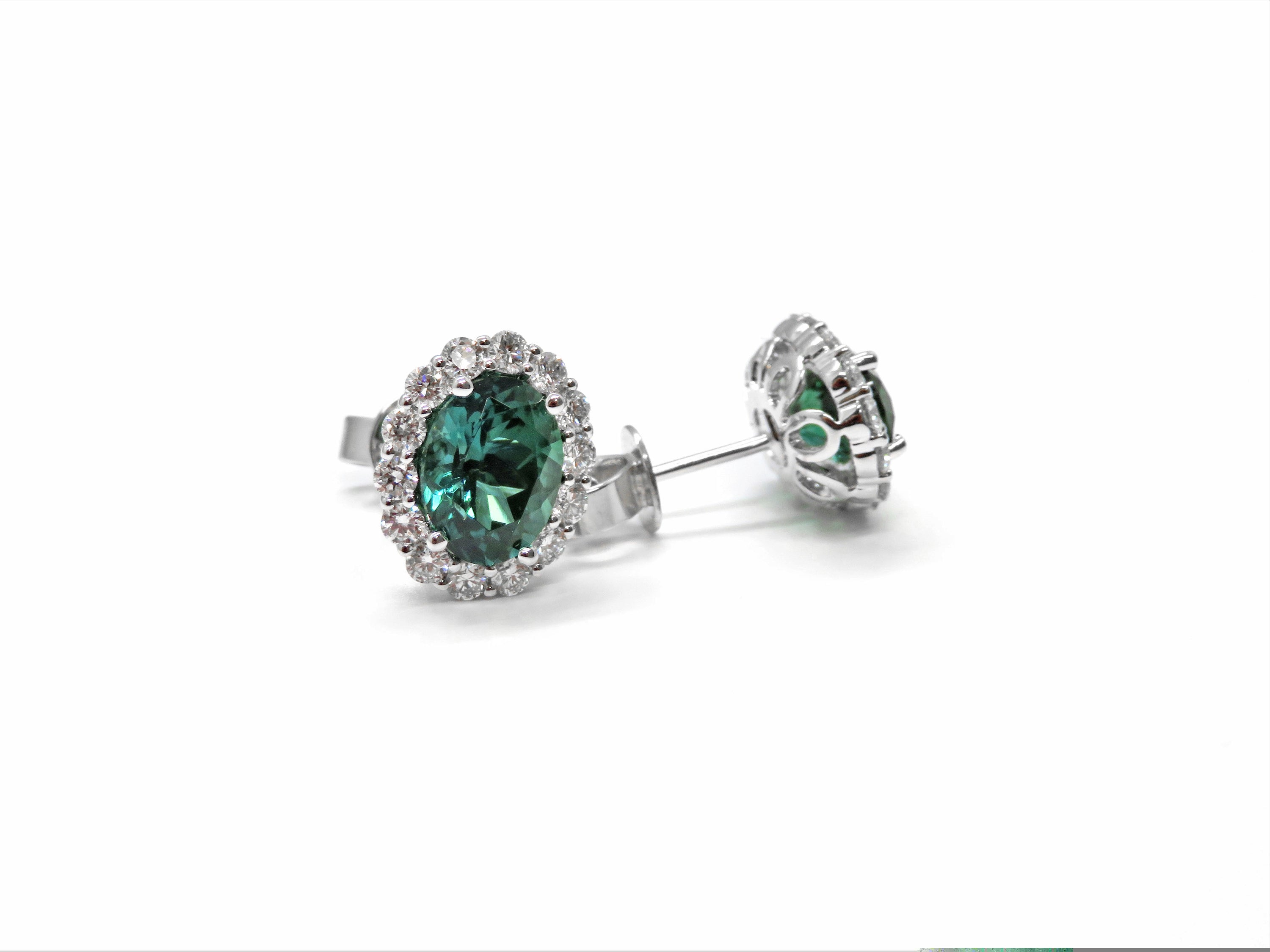 Green Tourmaline & Diamond Halo Stud Earrings in 18K White Gold