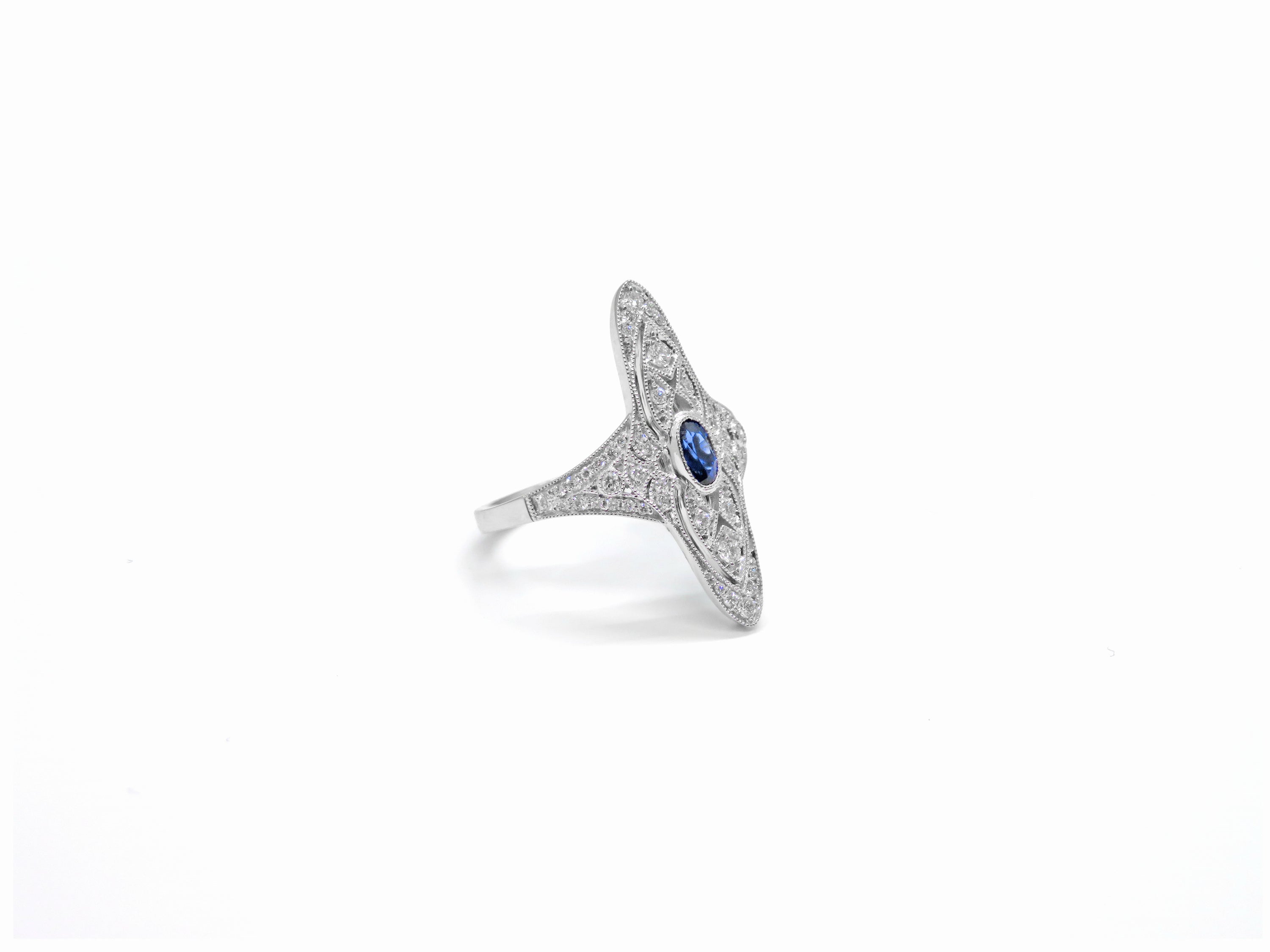 Sapphire & Diamond Filigree Ring (18K White Gold)