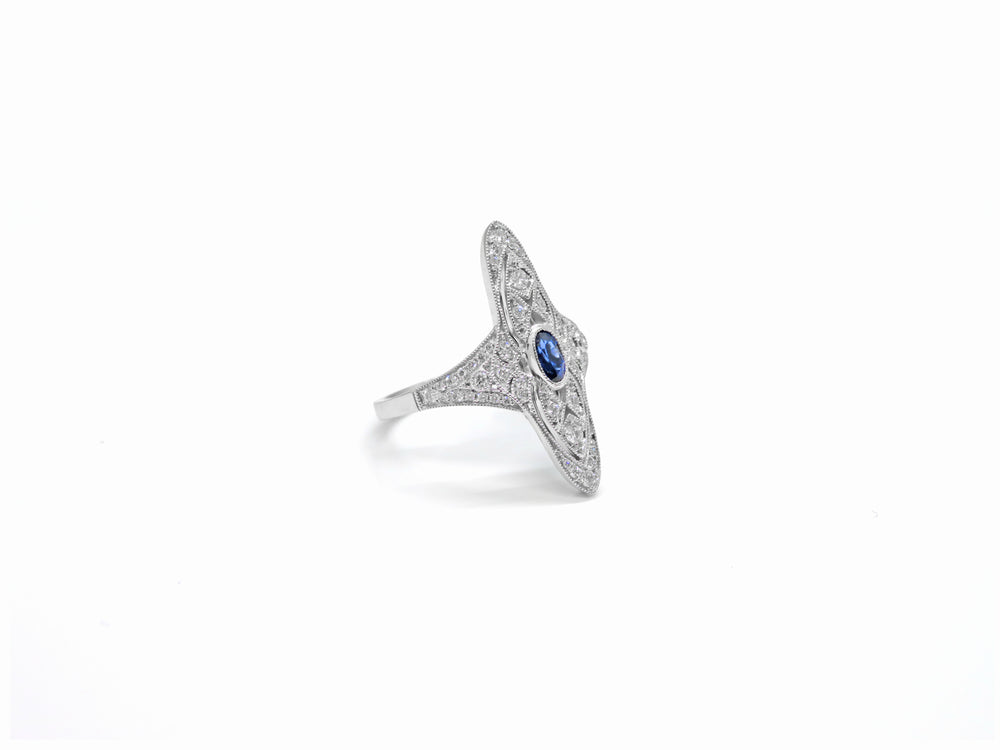 Sapphire & Diamond Filigree Ring (18K White Gold) at Golden Anvil Jewelers, Jupiter FL - view 2