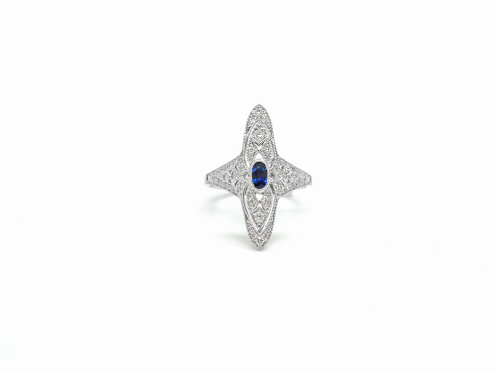 Sapphire & Diamond Filigree Ring (18K White Gold)