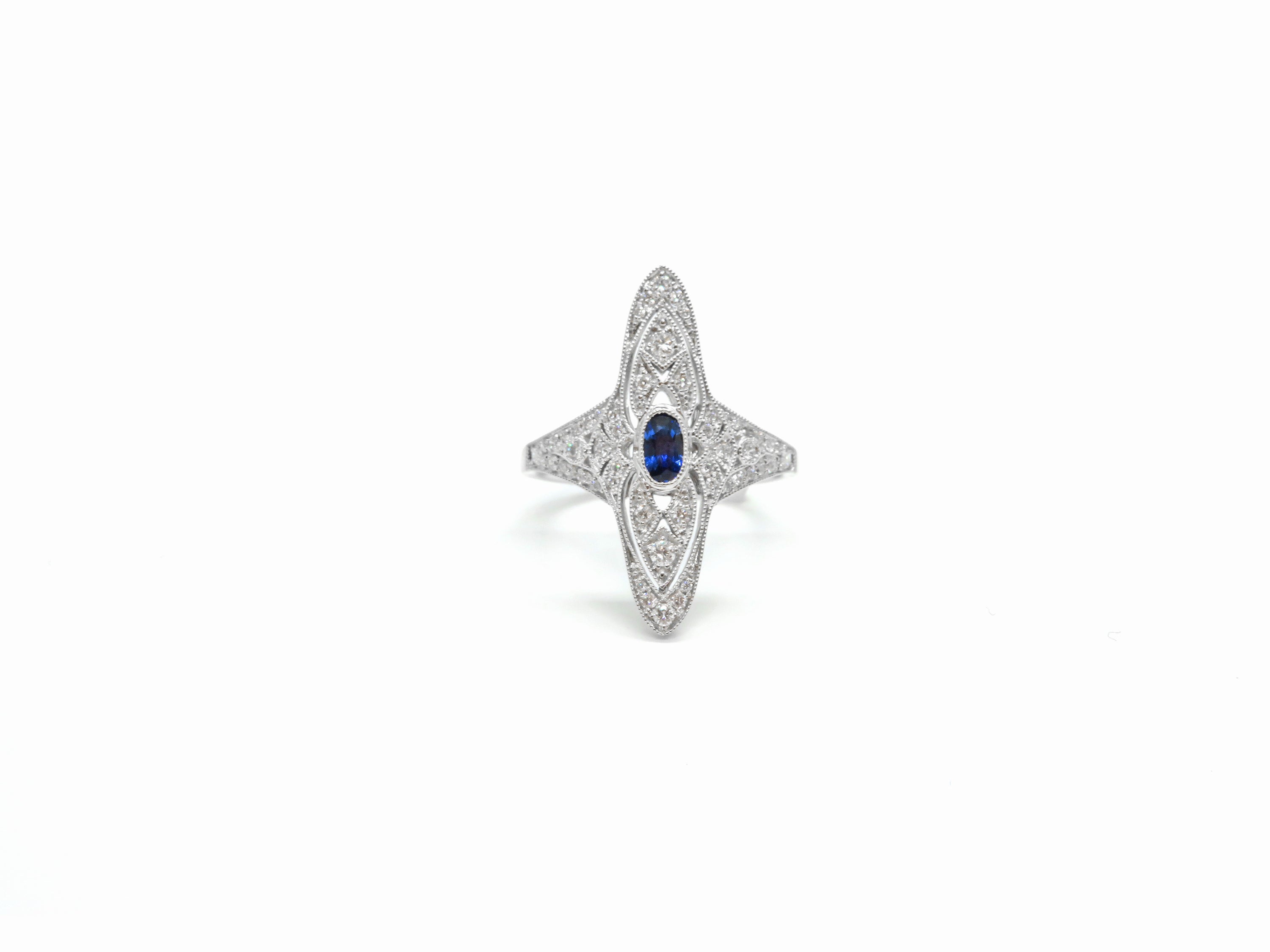 Sapphire & Diamond Filigree Ring (18K White Gold)