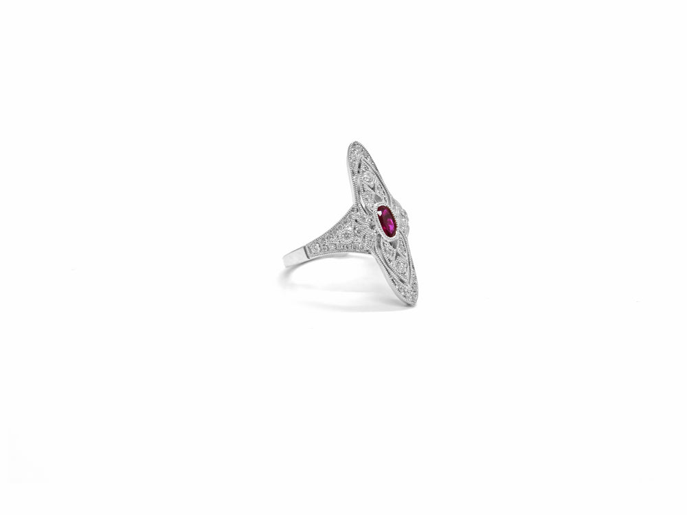 18K White Gold Ruby & Diamond Filigree Ring at Golden Anvil Jewelers, Jupiter FL - view 1