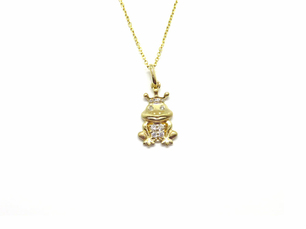 14K Yellow Gold Diamond Frog Prince Necklace