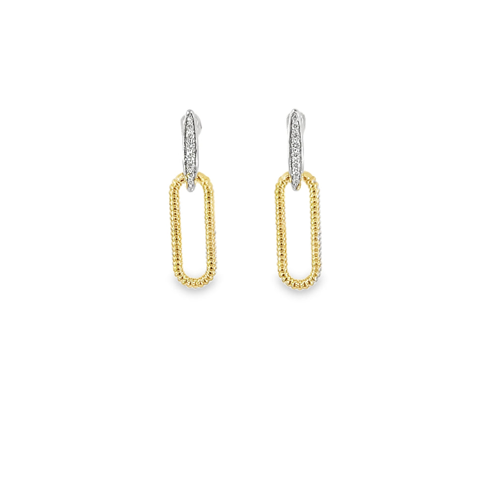 14k Two Toned Yellow / White Gold Textured Oval Link & Diamond Drop Huggie Earrings