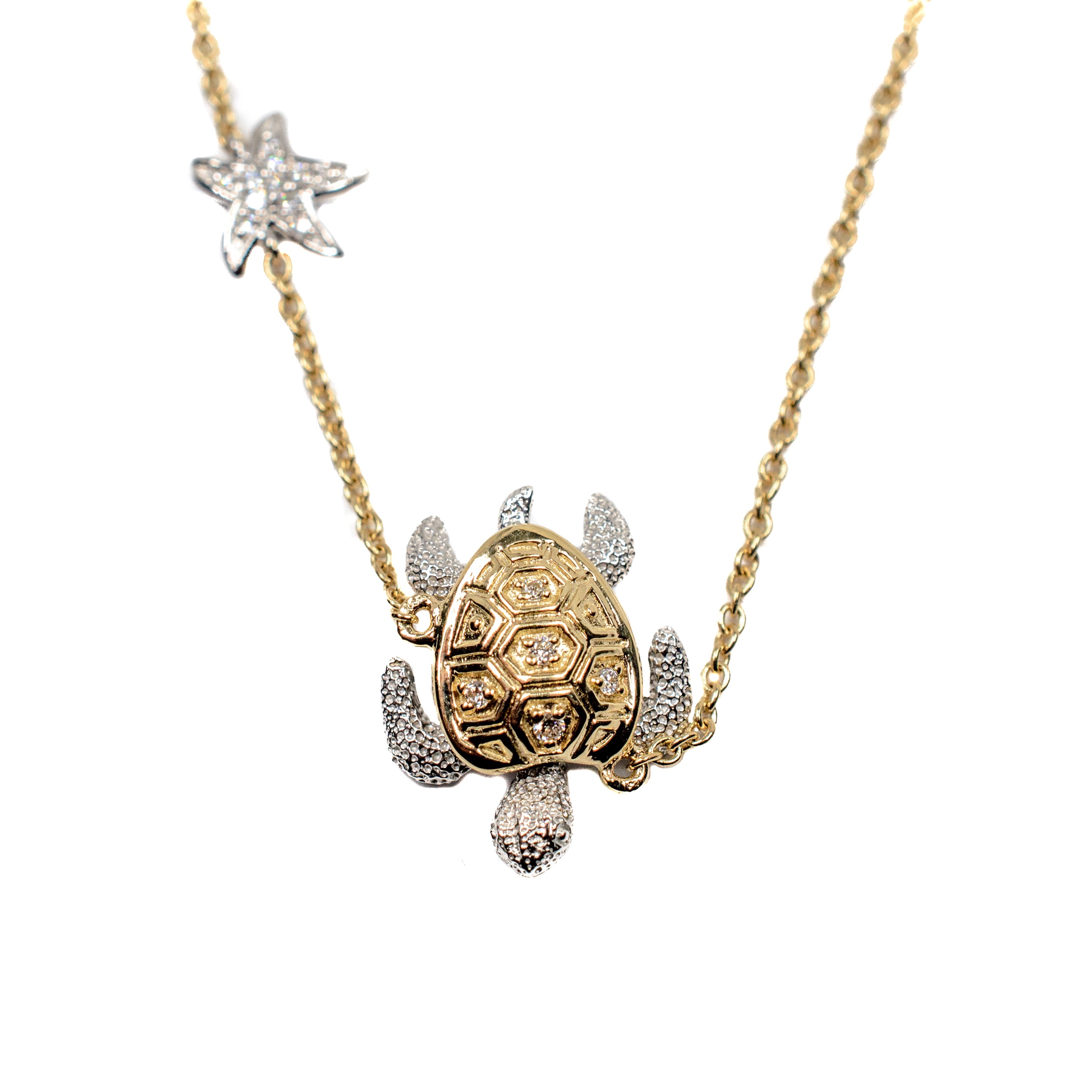 14kt Two Tone Gold Turtle and Starfish Diamond Necklace