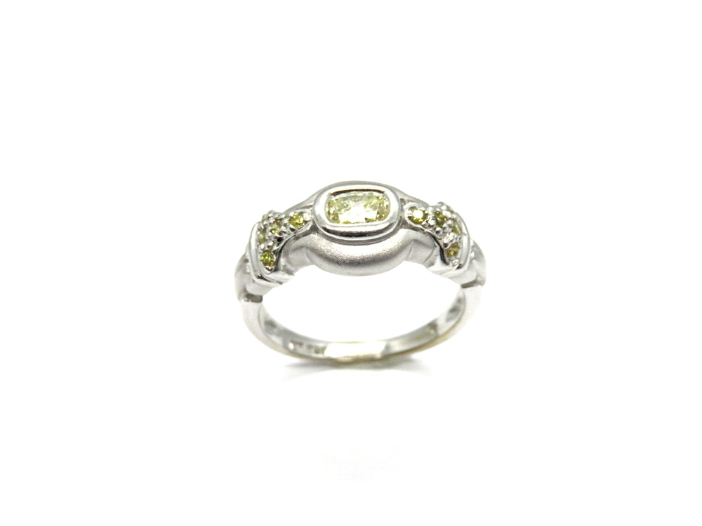 18kt White Gold Geometric Motif with Cushion Cut Yellow Diamonds Fashion Ring