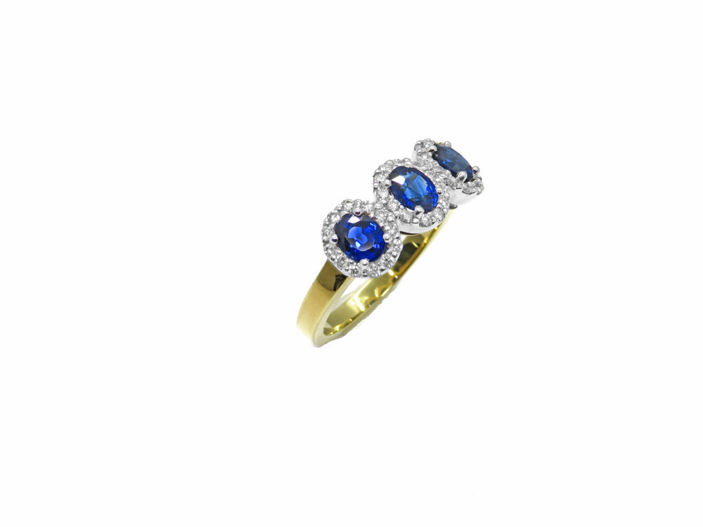 18kt Yellow Gold Three Stone Blue Sapphire Fashion Ring with Diamond Halos