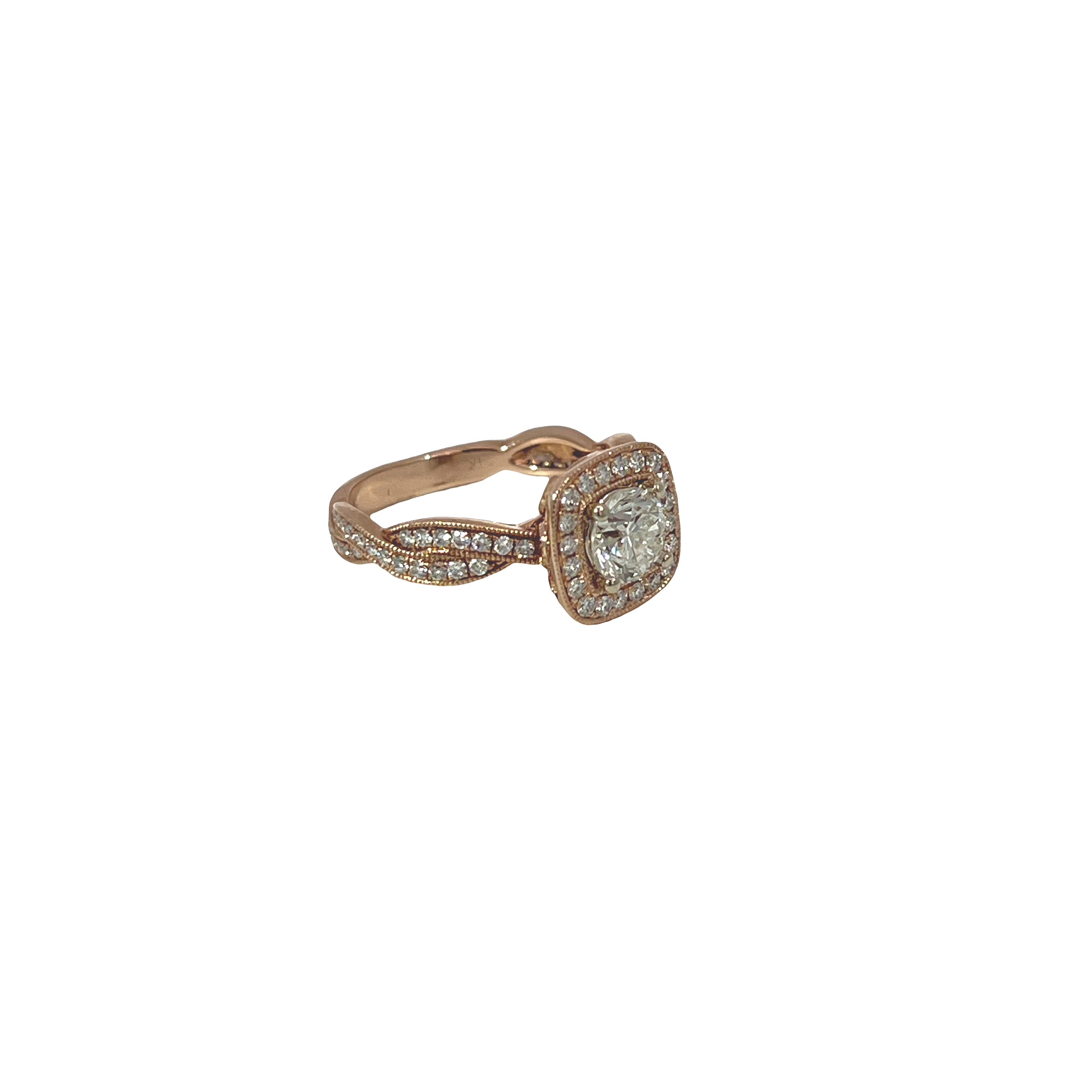 Estate 14K Rose Gold GIA Certified 0.91 Carat Round Brilliant Diamond Halo Engagement Ring