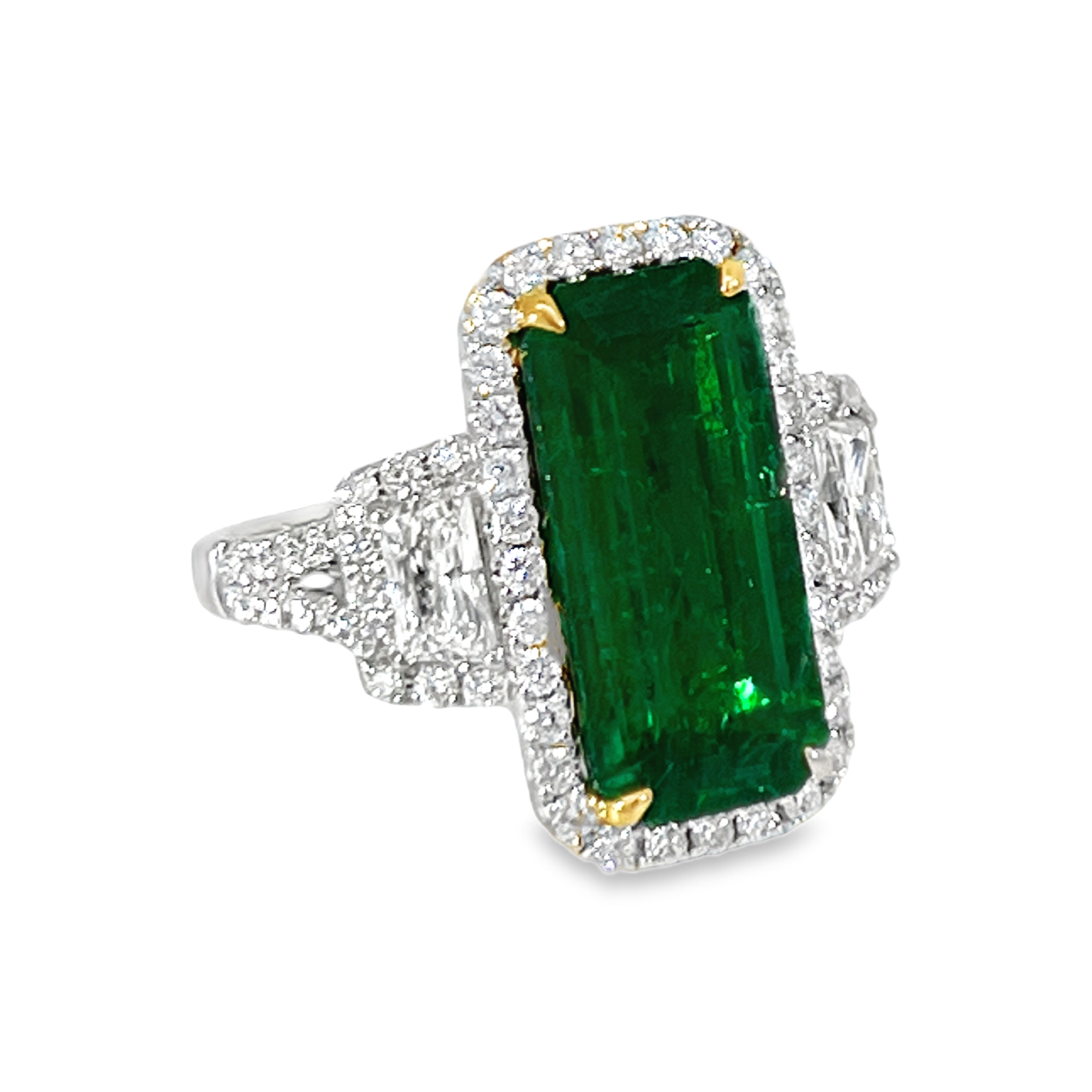 18K White Gold GIA 4.58ct Natural Emerald & 1.10 CTW Diamond Three-Stone Halo Ring