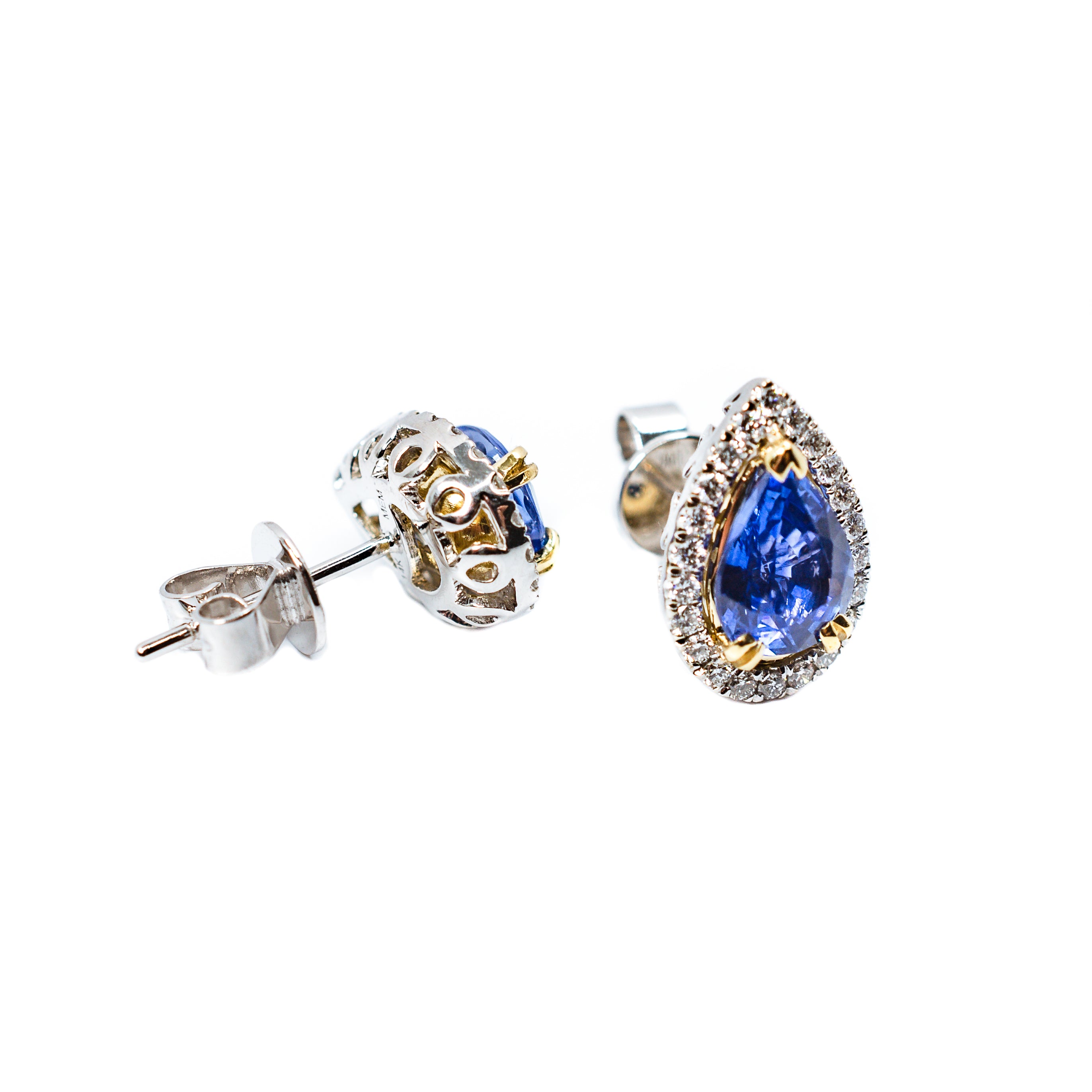 14kt Two Tone Gold Pear Shape Blue Sapphire and Diamond Earrings