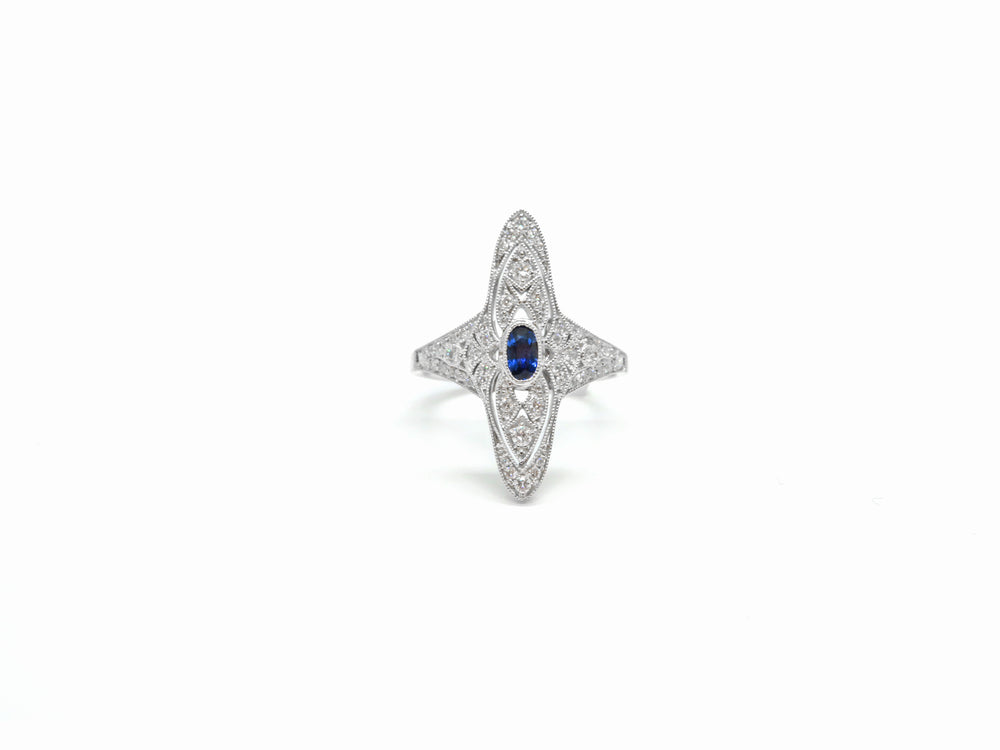 18kt White Gold Nemati Design Oval Sapphire & Diamond Filigree Fashion Ring